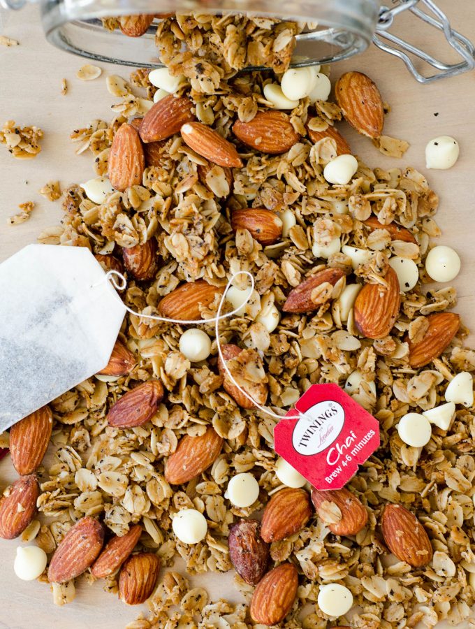 Chai Spiced Granola: Easy homemade granola spiced with the warm flavors of cinnamon, nutmeg, and cardamom. Perfect for a cold weather snack!