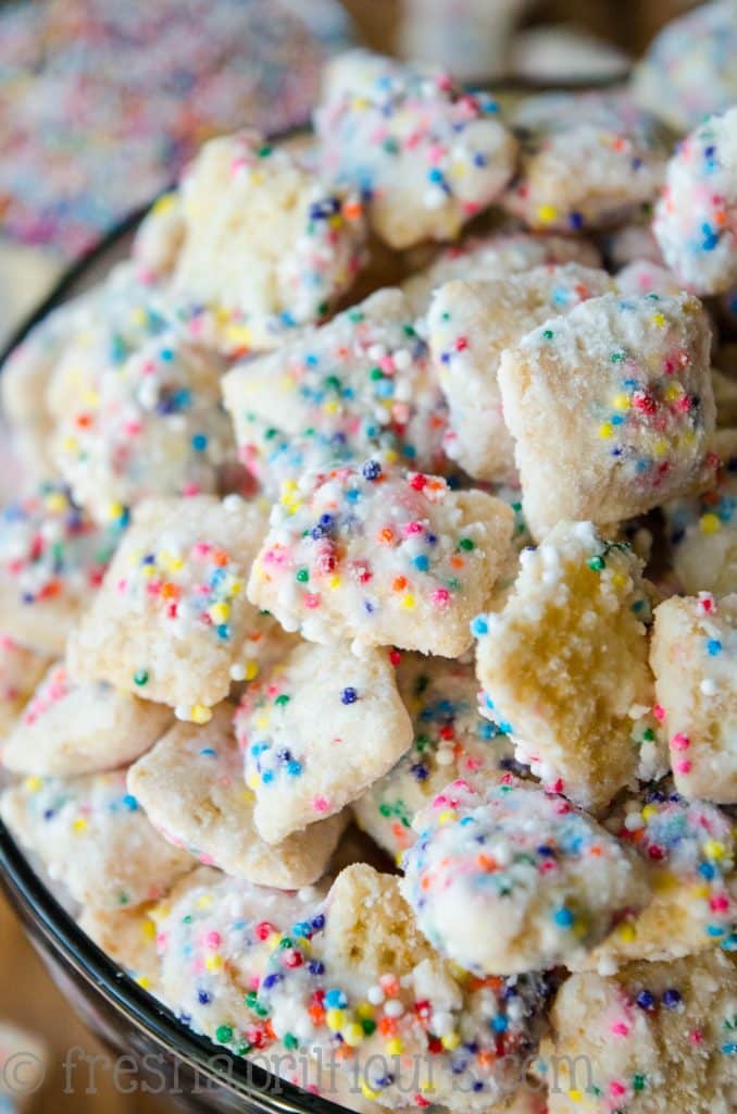 Cake Batter Puppy Chow: A crunchy, cake-battery take on the classic Puppy Chow!
