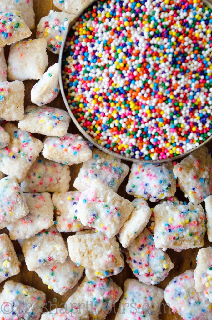 Cake Batter Puppy Chow: A crunchy, cake-battery take on the classic Puppy Chow!