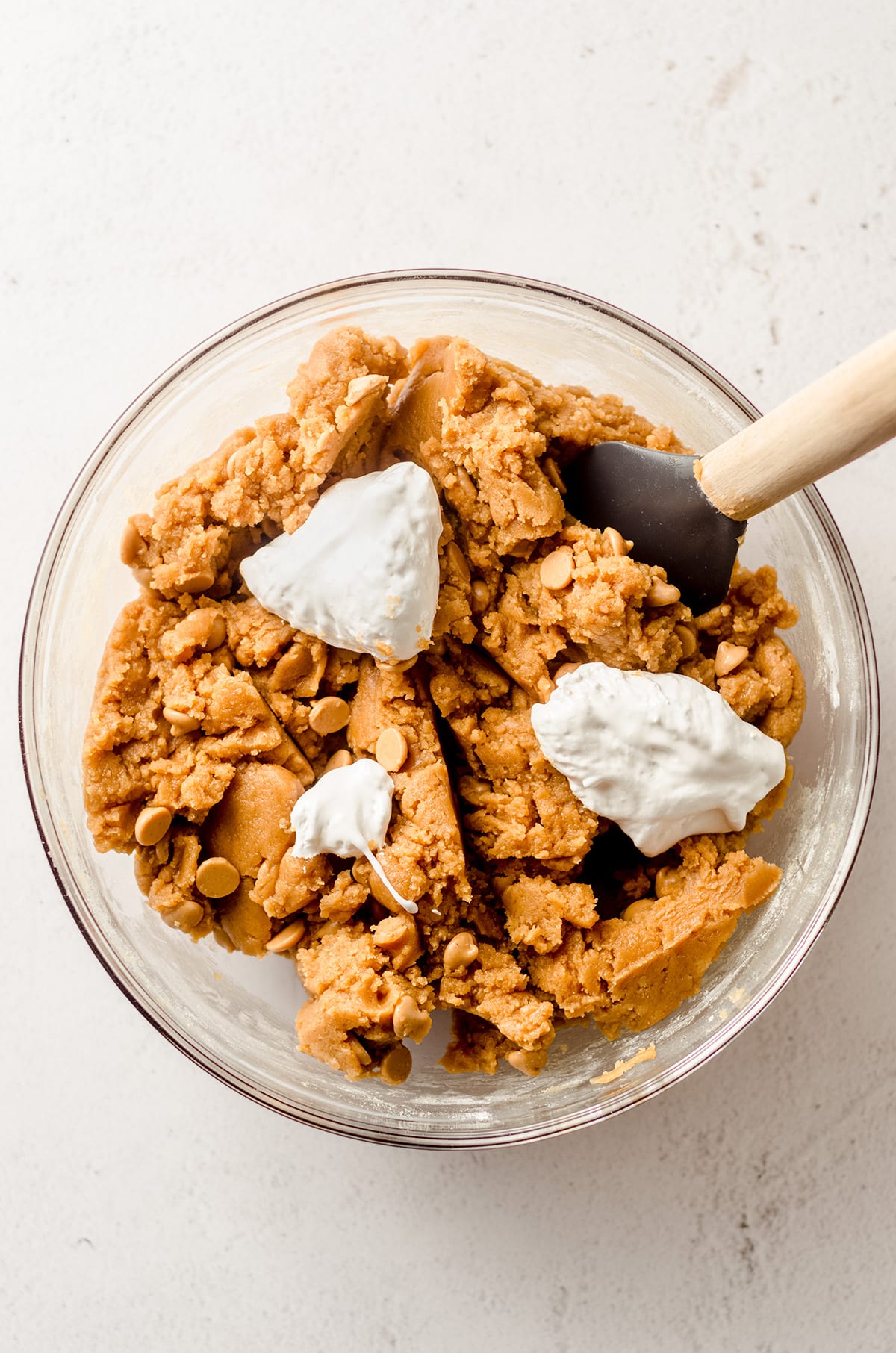 fluffernutter bar batter with dollops of marshmallow creme