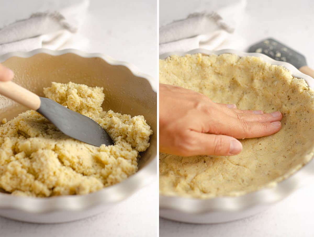 hands pressing a cauliflower crust into a pie plate