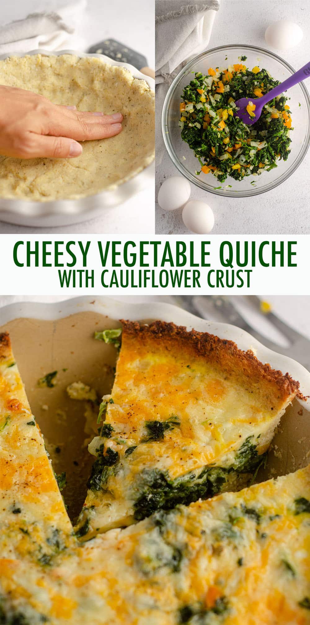A cheesy quiche loaded with veggies, baked in a low-carb, gluten free, and deliciously seasoned cauliflower crust. via @frshaprilflours