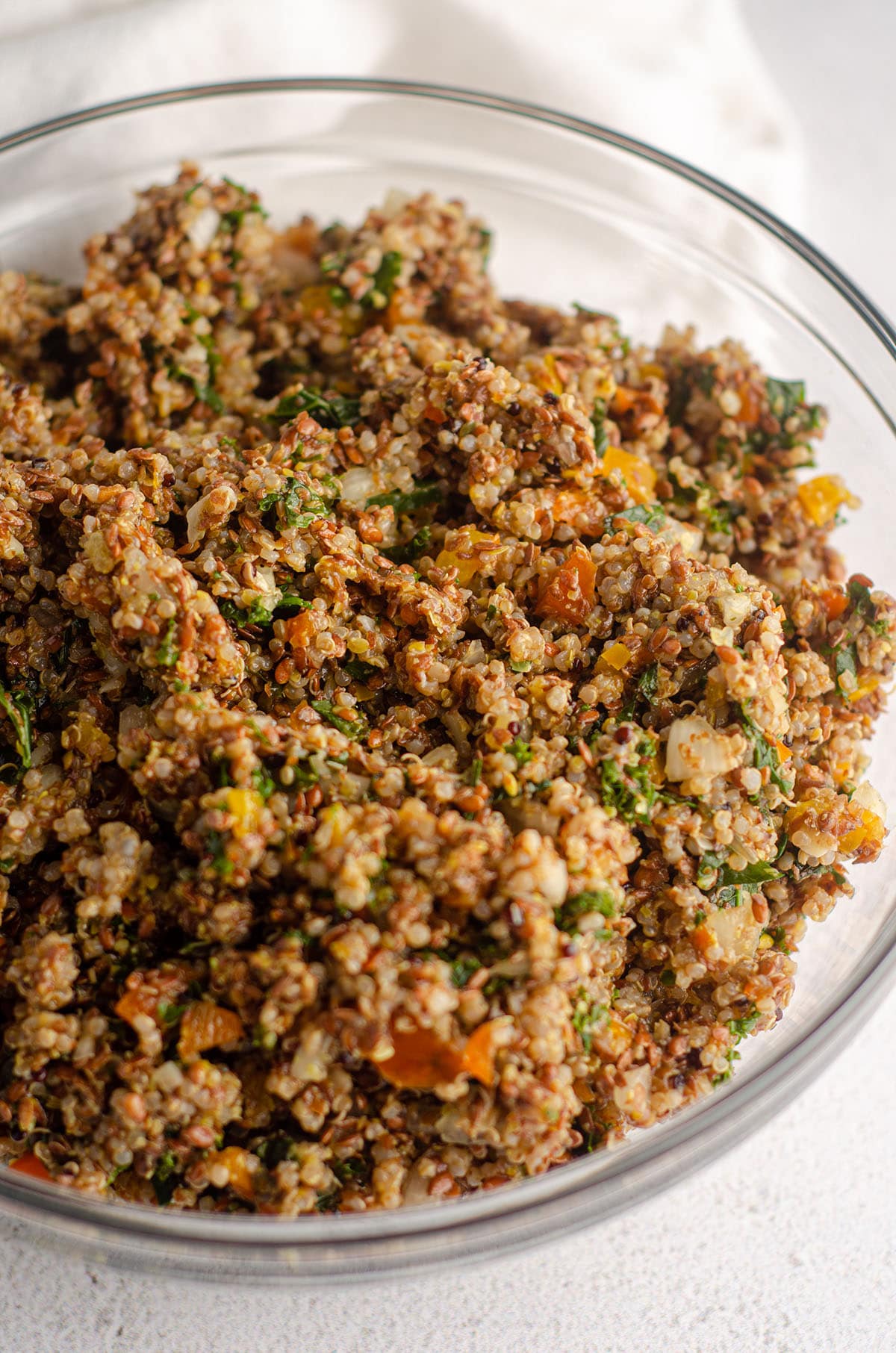 quinoa patty mixture sitting in a glass bowl