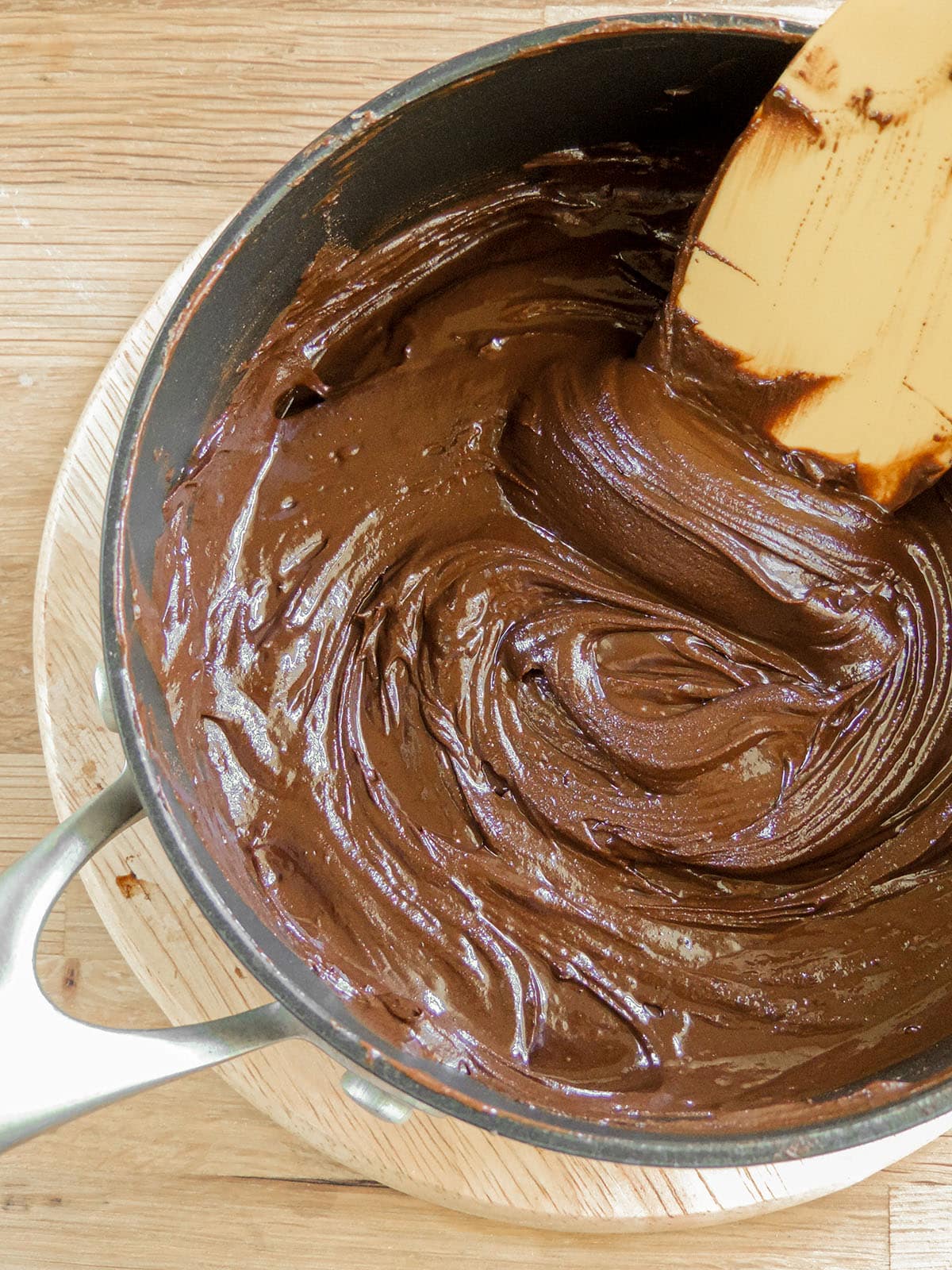 brownie cookie batter in a saucepan