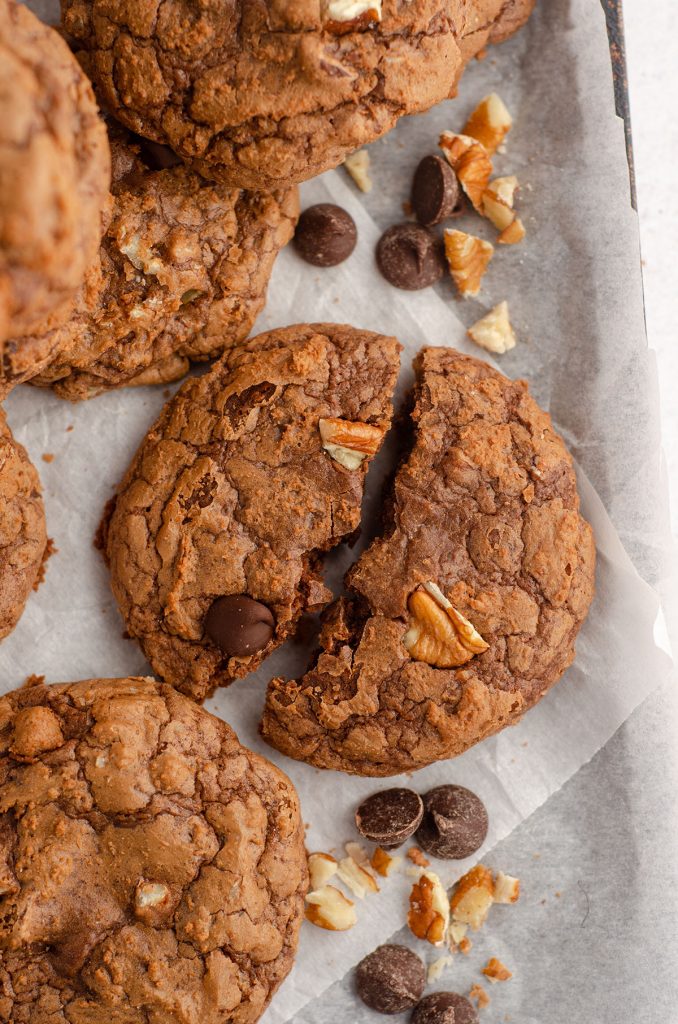 aerial photo of brownie cookie broken in half