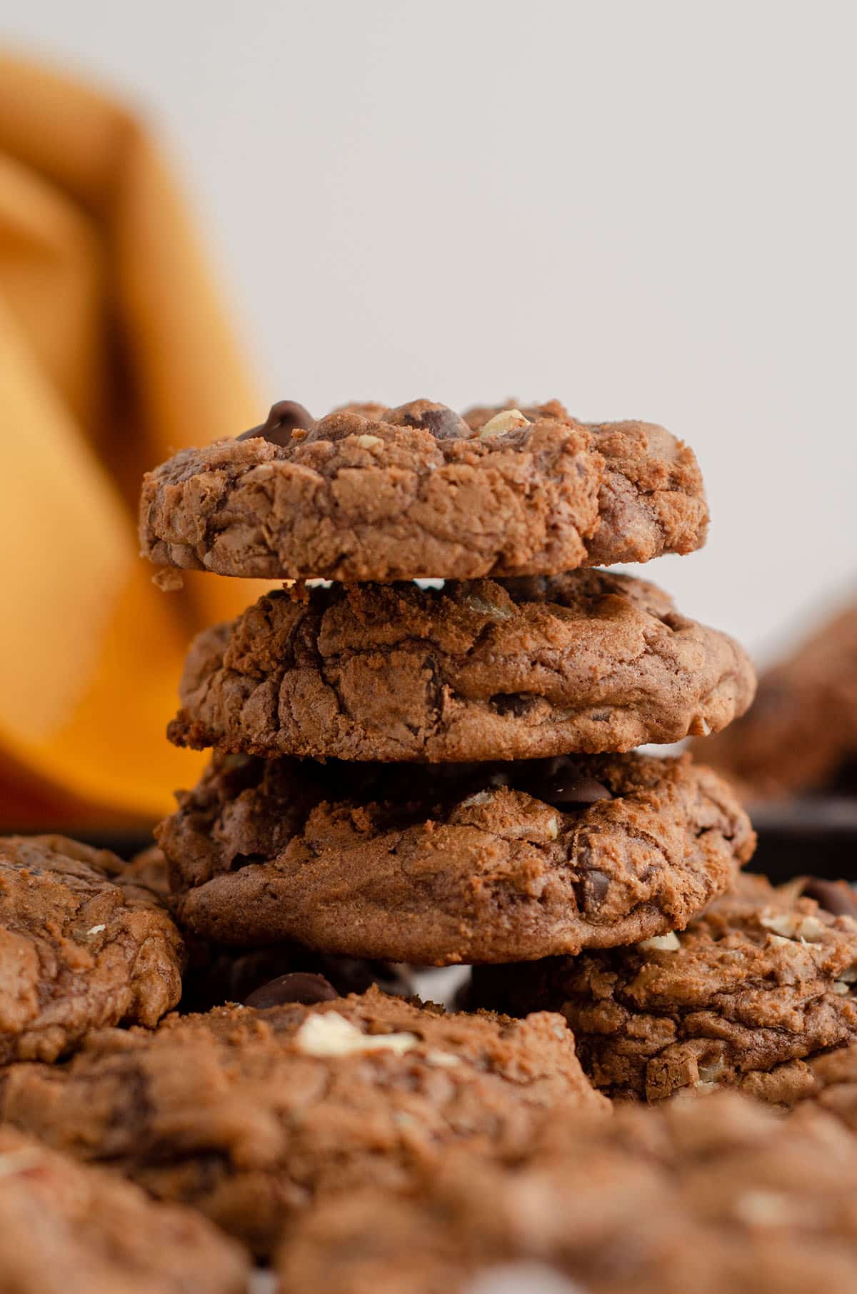 side view of stack of brownie cookies