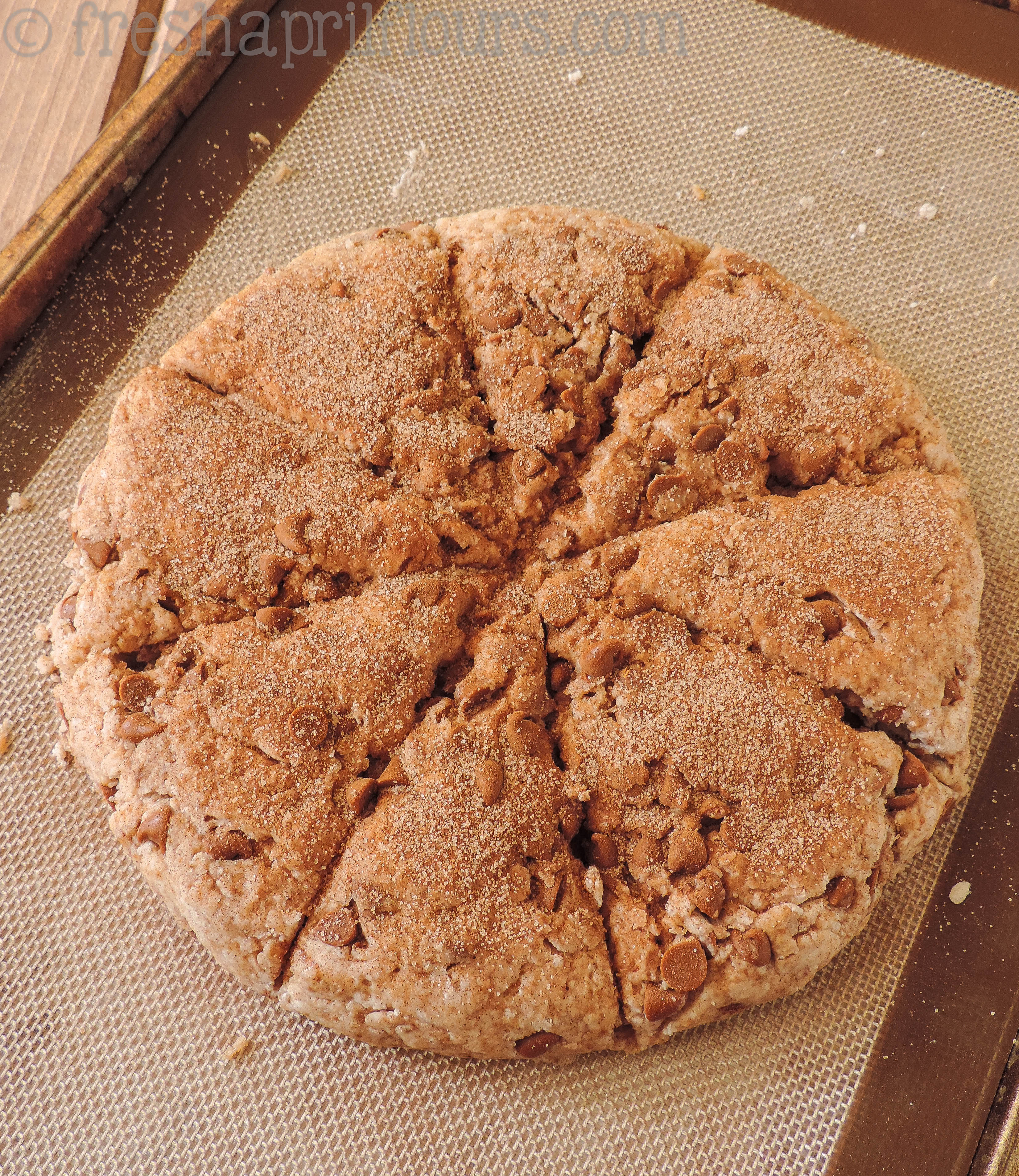 disc of dough for scones with cinnamon chips on a baking sheet