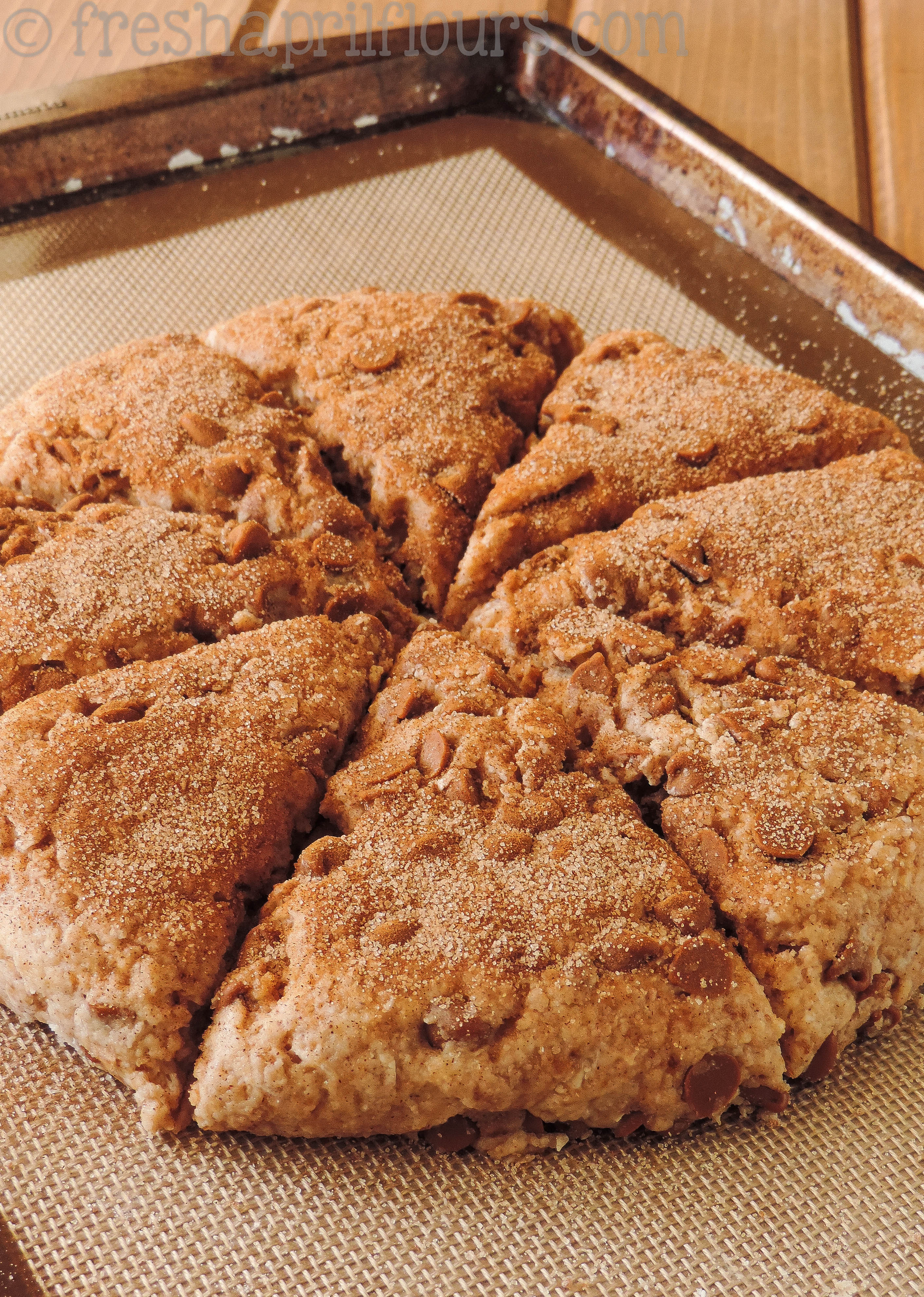 cinnamon crunch scone dough sliced into portions and ready to bake