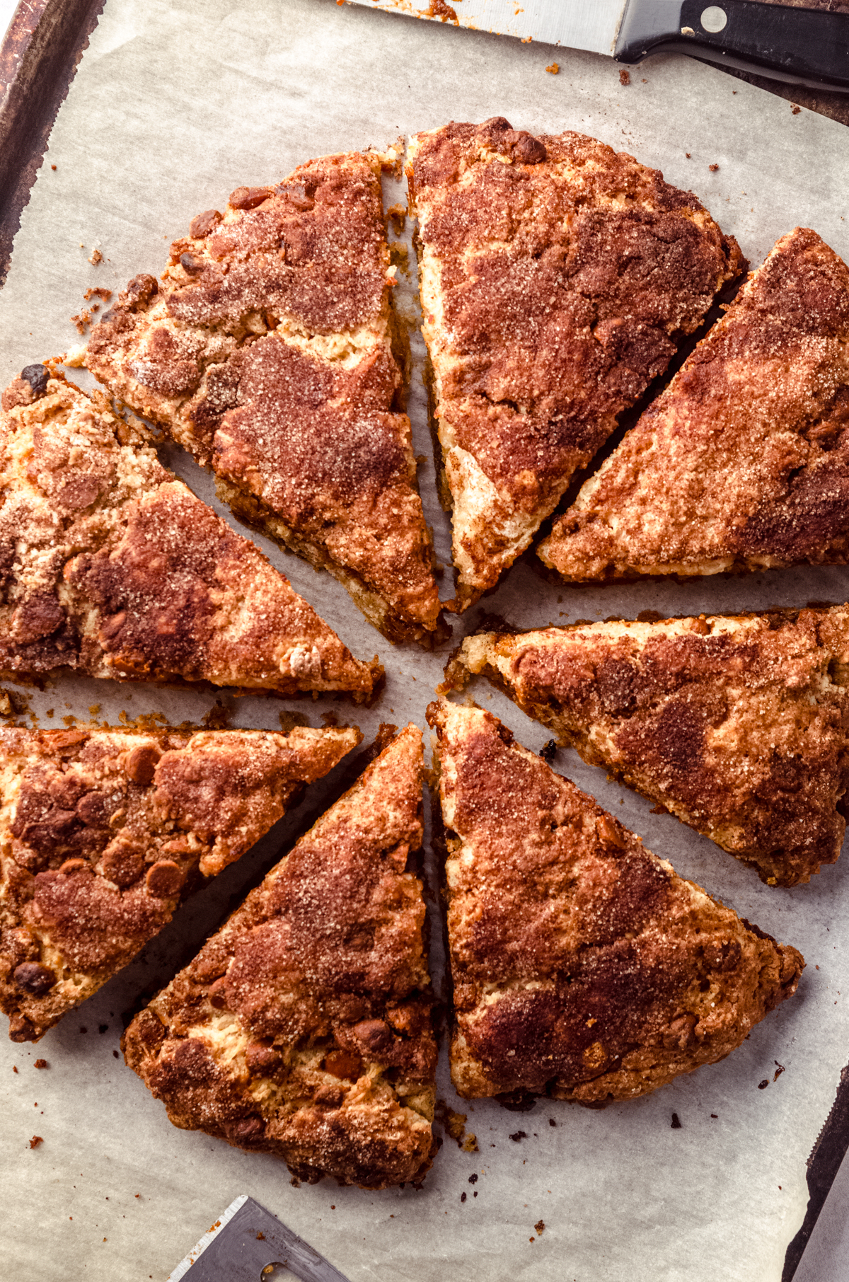 Aerial photo of cinnamon scones on parchment paper.