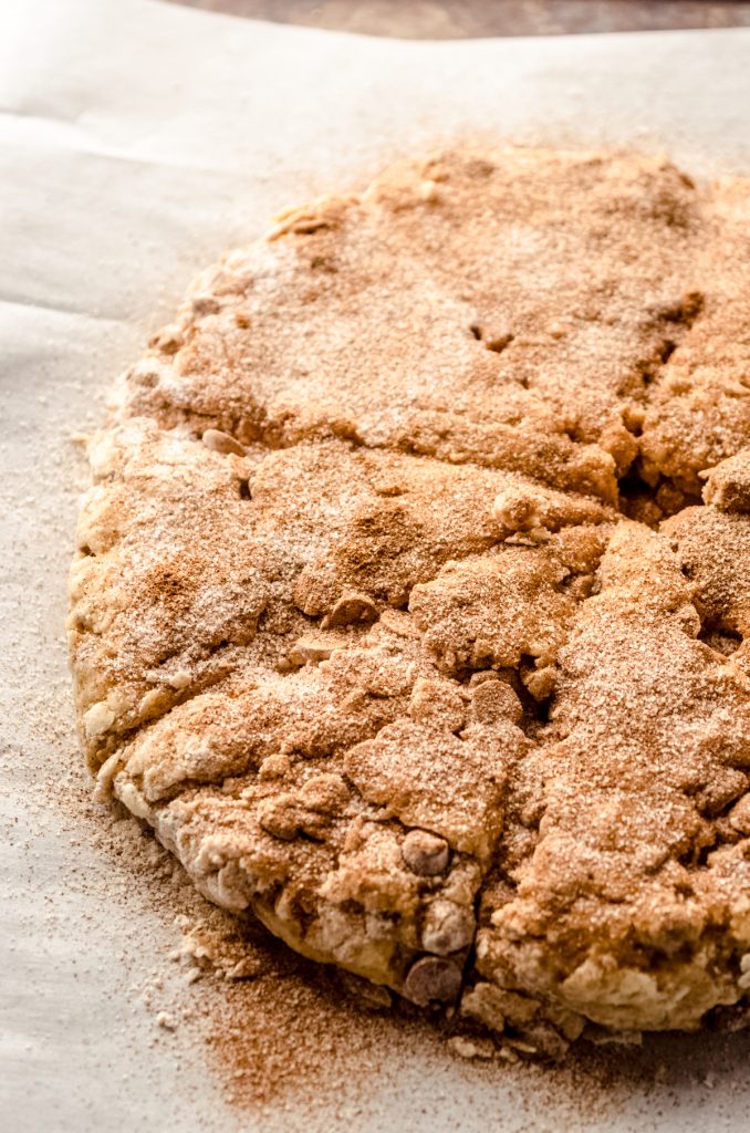 A disc of cinnamon chip scone dough sprinkled with cinnamon sugar topping and sliced into pieces.