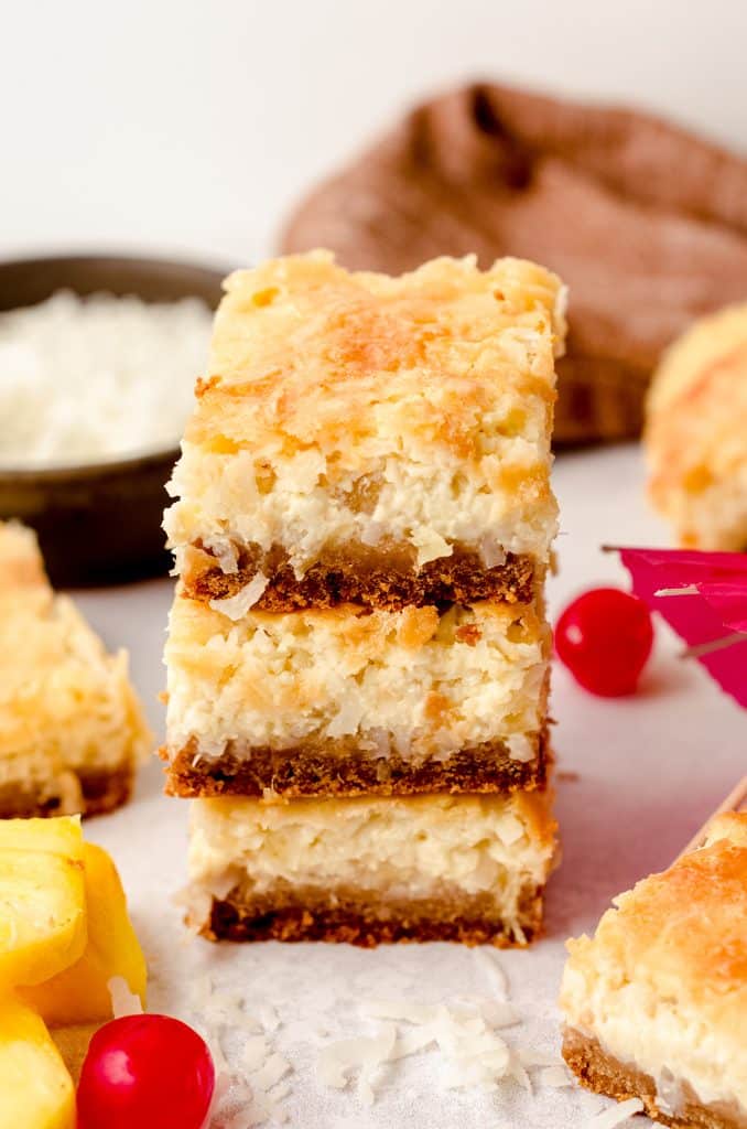 three piña colada bars stacked on top of each other