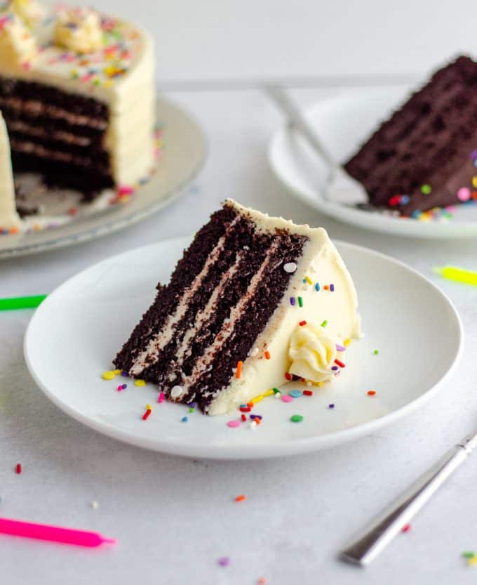 Chocolate Layer Cake: Soft, moist, and smooth chocolate layer cake with the richest chocolate flavor you’ll ever taste. Super easy and only one bowl needed! Pair with my favorite chocolate buttercream, go-to vanilla buttercream, or something fancier to fit your liking.