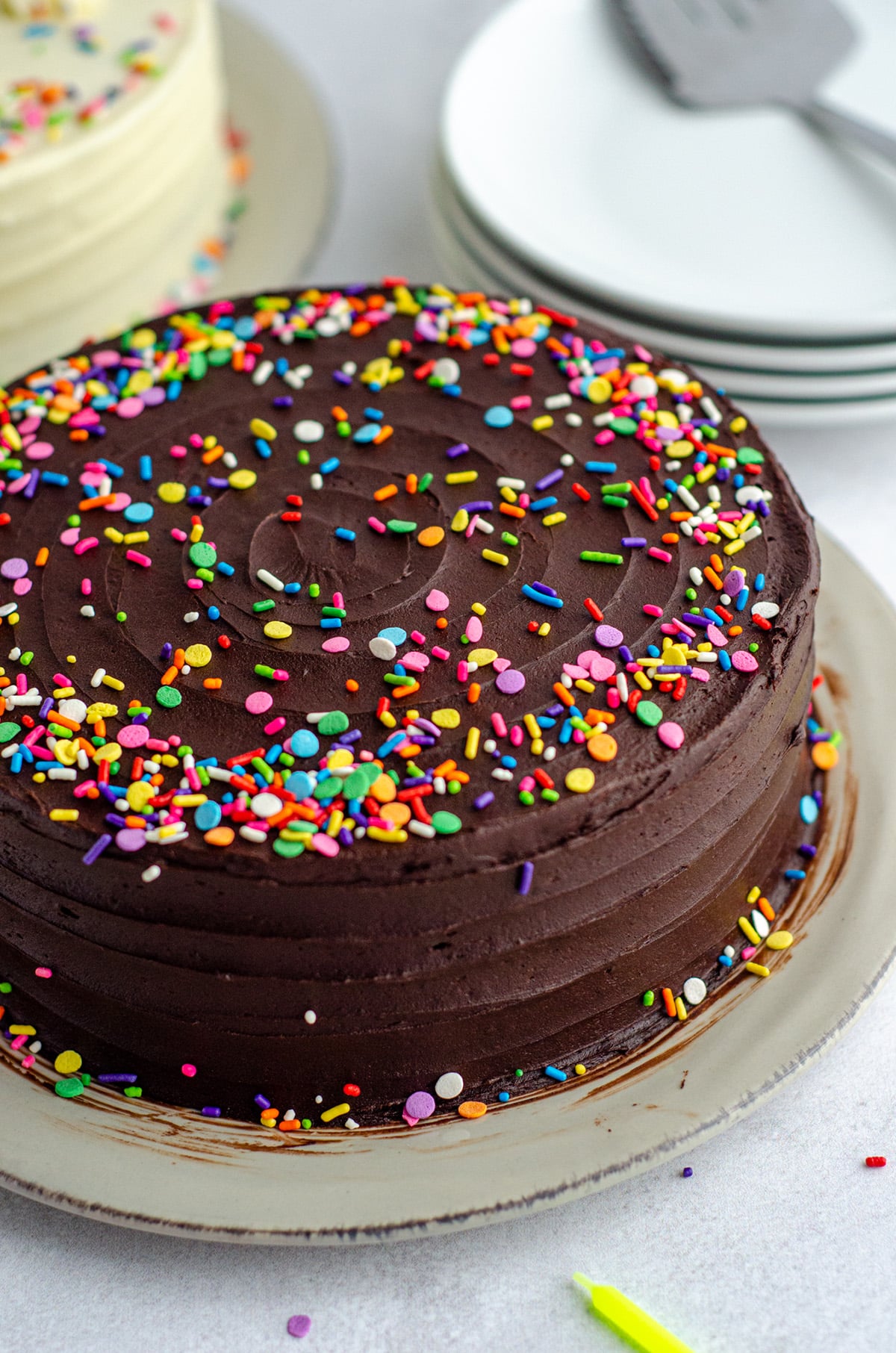 chocolate layer cake with chocolate buttercream and rainbow sprinkles on a platter