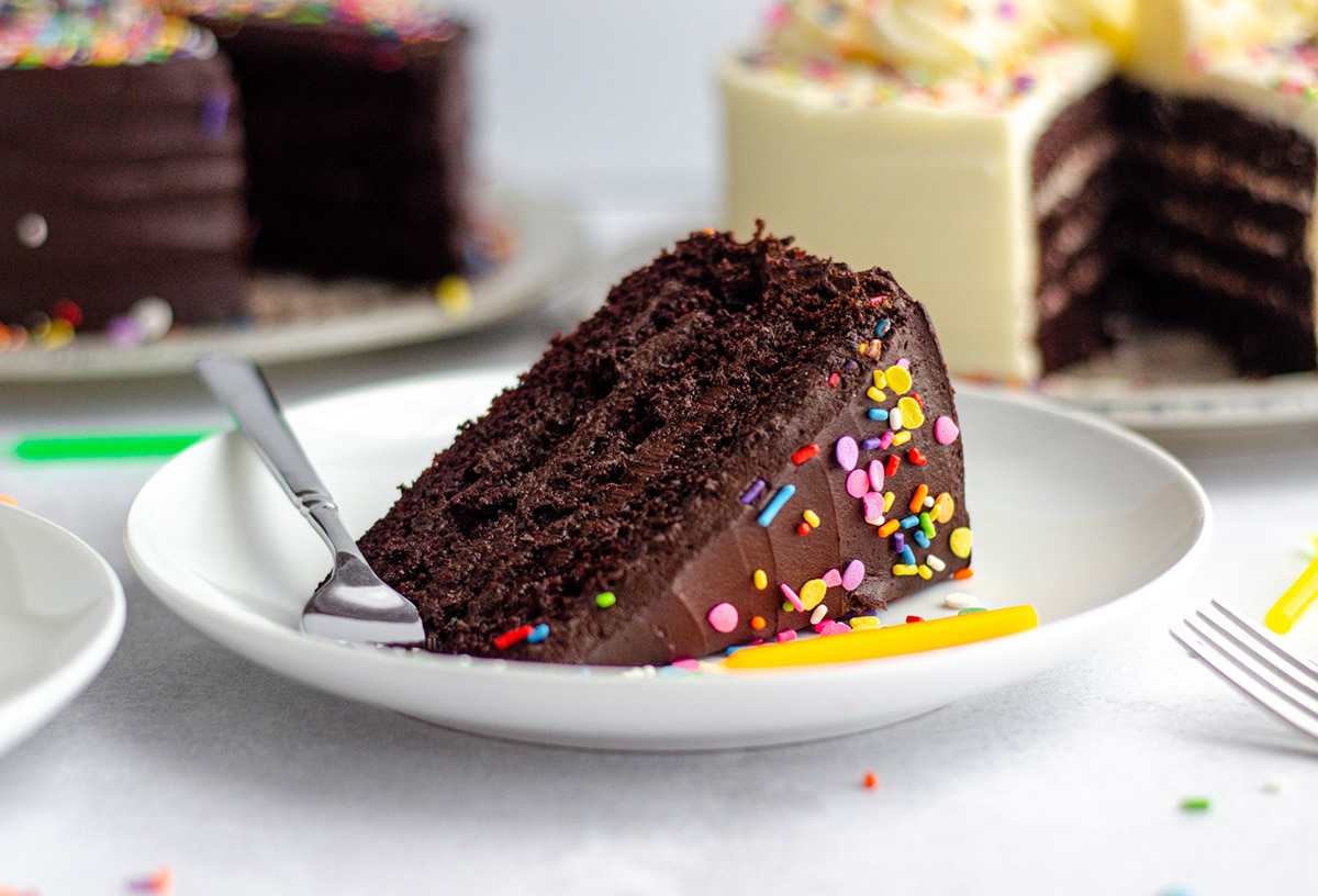 slice of chocolate layer cake with rainbow sprinkles on a white plate with a fork