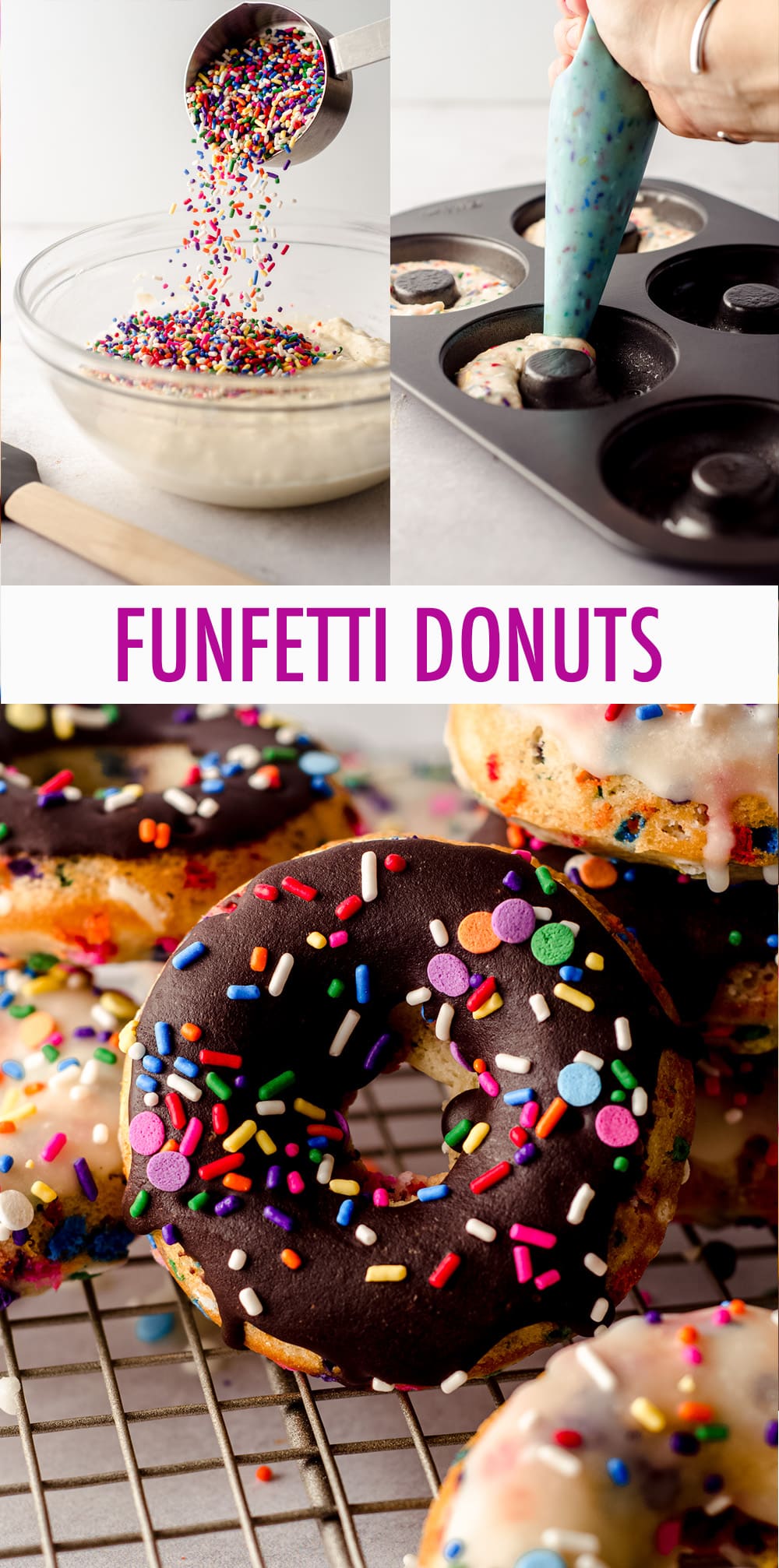 Baked and not fried cake donuts filled with sprinkles and topped with a simple vanilla or chocolate glaze. via @frshaprilflours