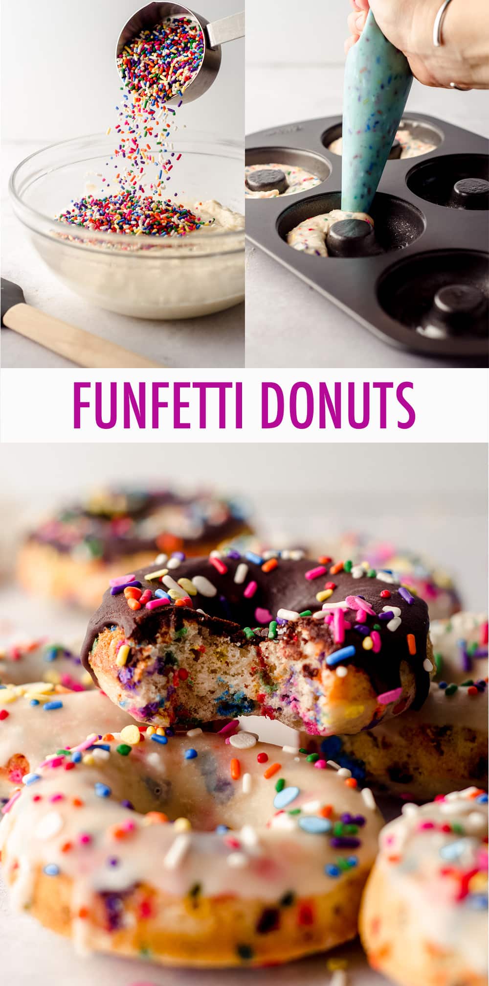 Baked and not fried cake donuts filled with sprinkles and topped with a simple vanilla or chocolate glaze. via @frshaprilflours