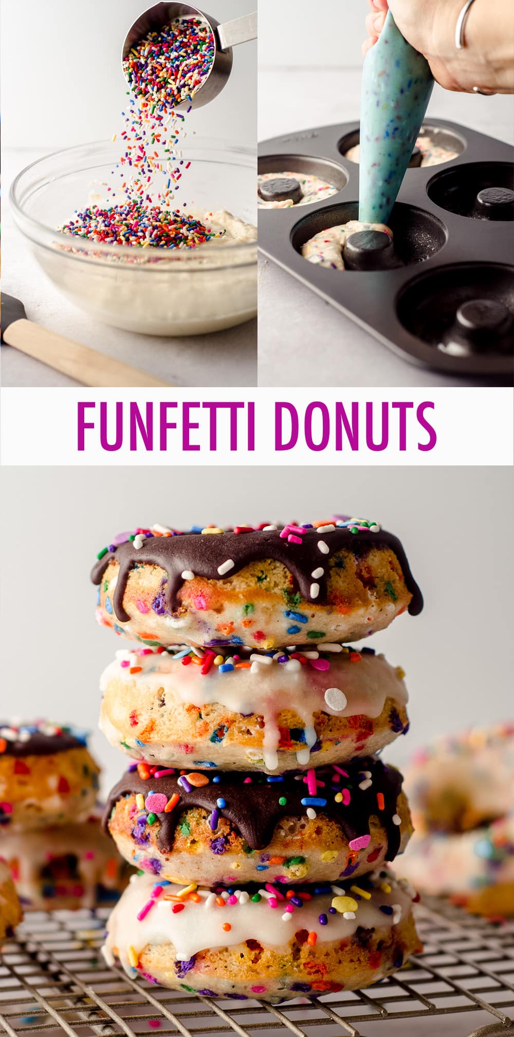 Baked and not fried cake donuts filled with sprinkles and topped with a simple vanilla or chocolate glaze. via @frshaprilflours