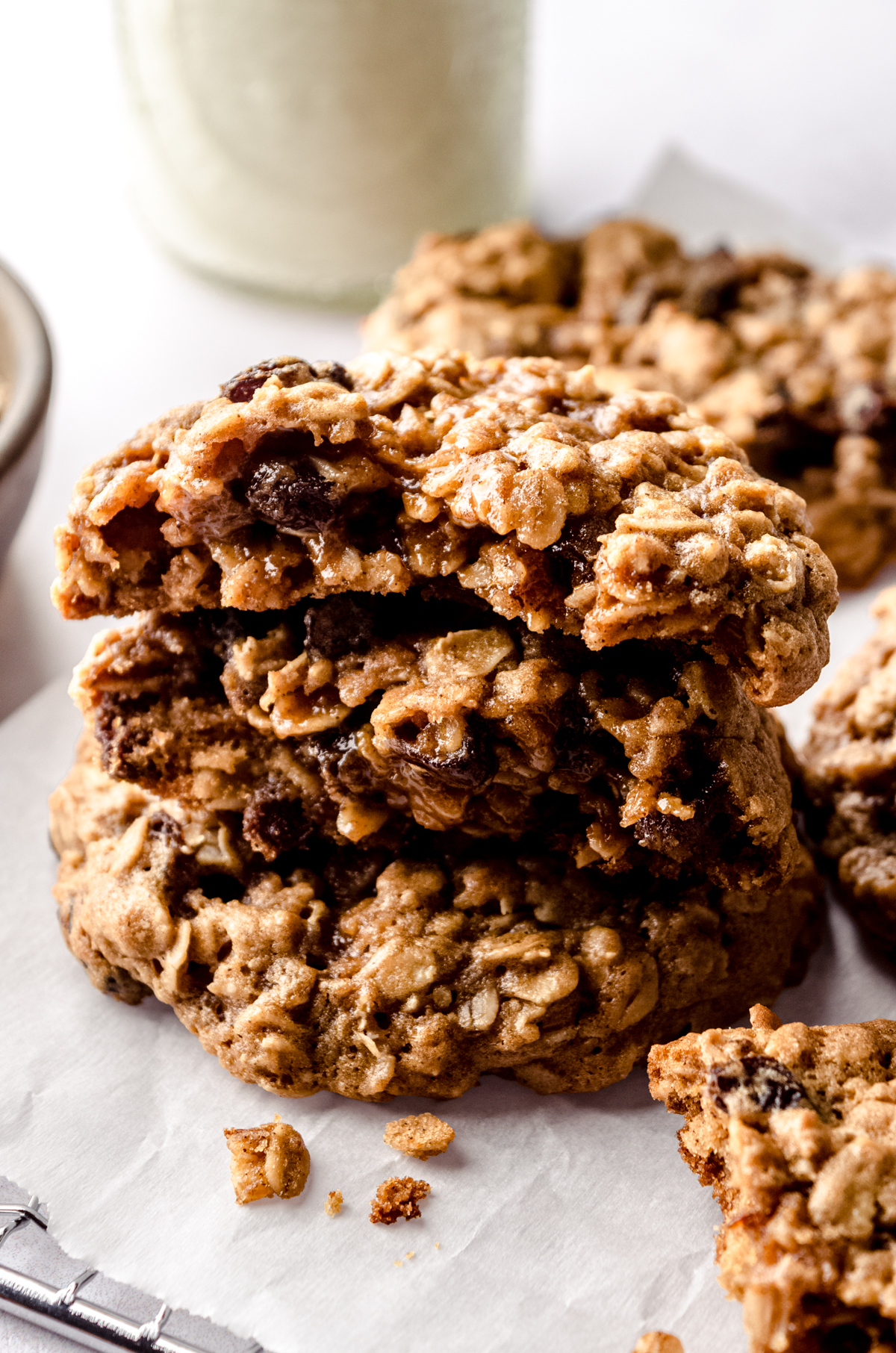 A stack of chewy oatmeal raisin cookies.