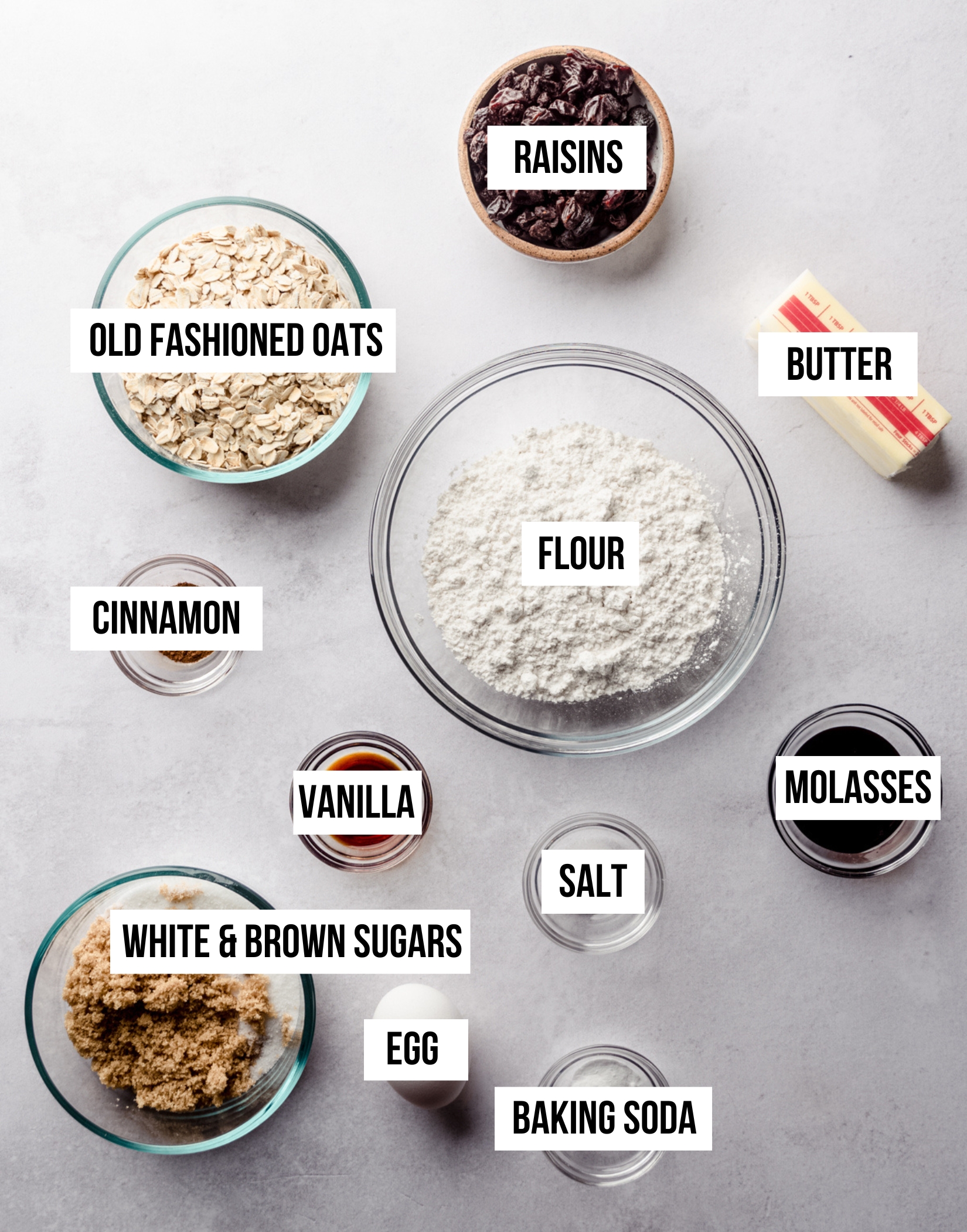 Aerial photo of ingredients for chewy oatmeal raisin cookies with text overlay.