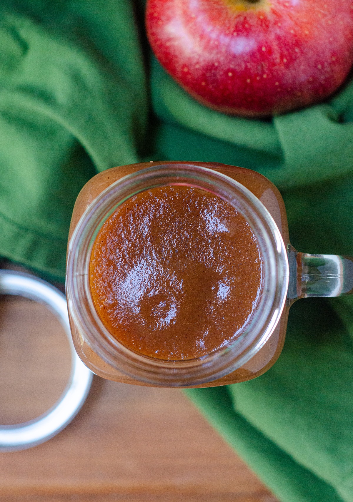 aerial photo of apple butter in a jar