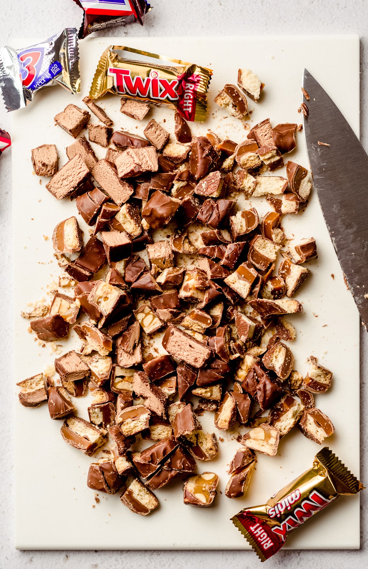 aerial photo of chopped candy bars for candy bar blondies