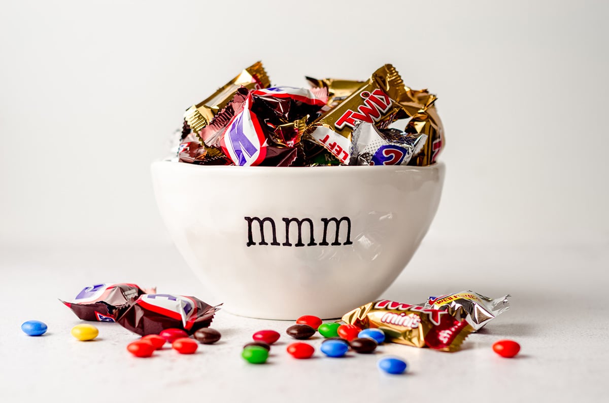 bowl of mini halloween candies