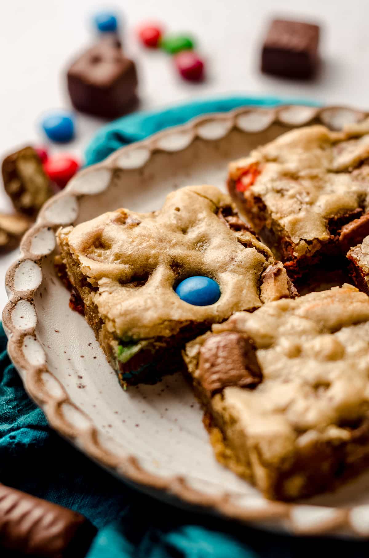 candy bar blondies on a plate