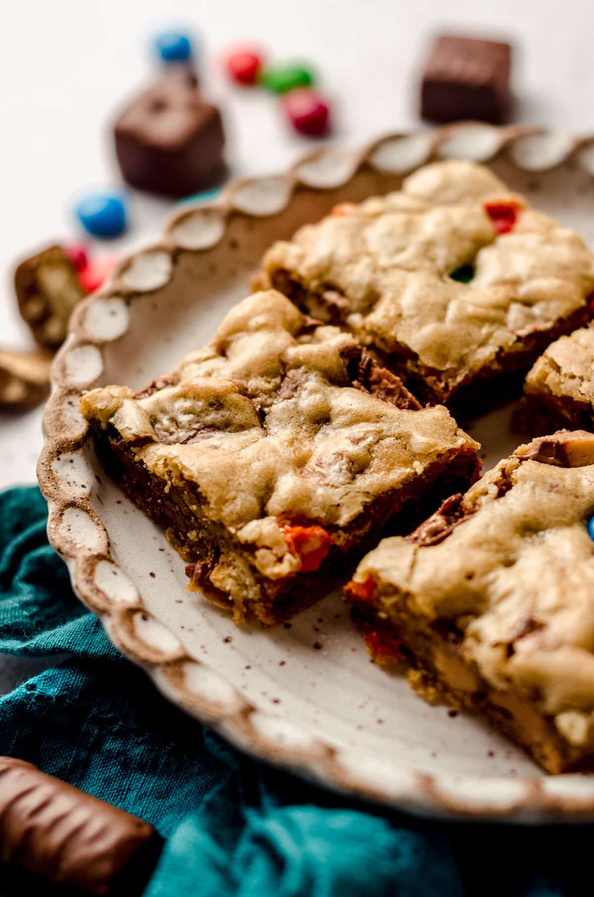 candy bar blondies on a plate