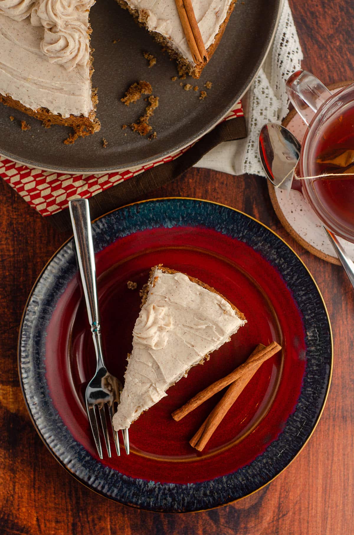 aerial photo of chai cake on a red plate