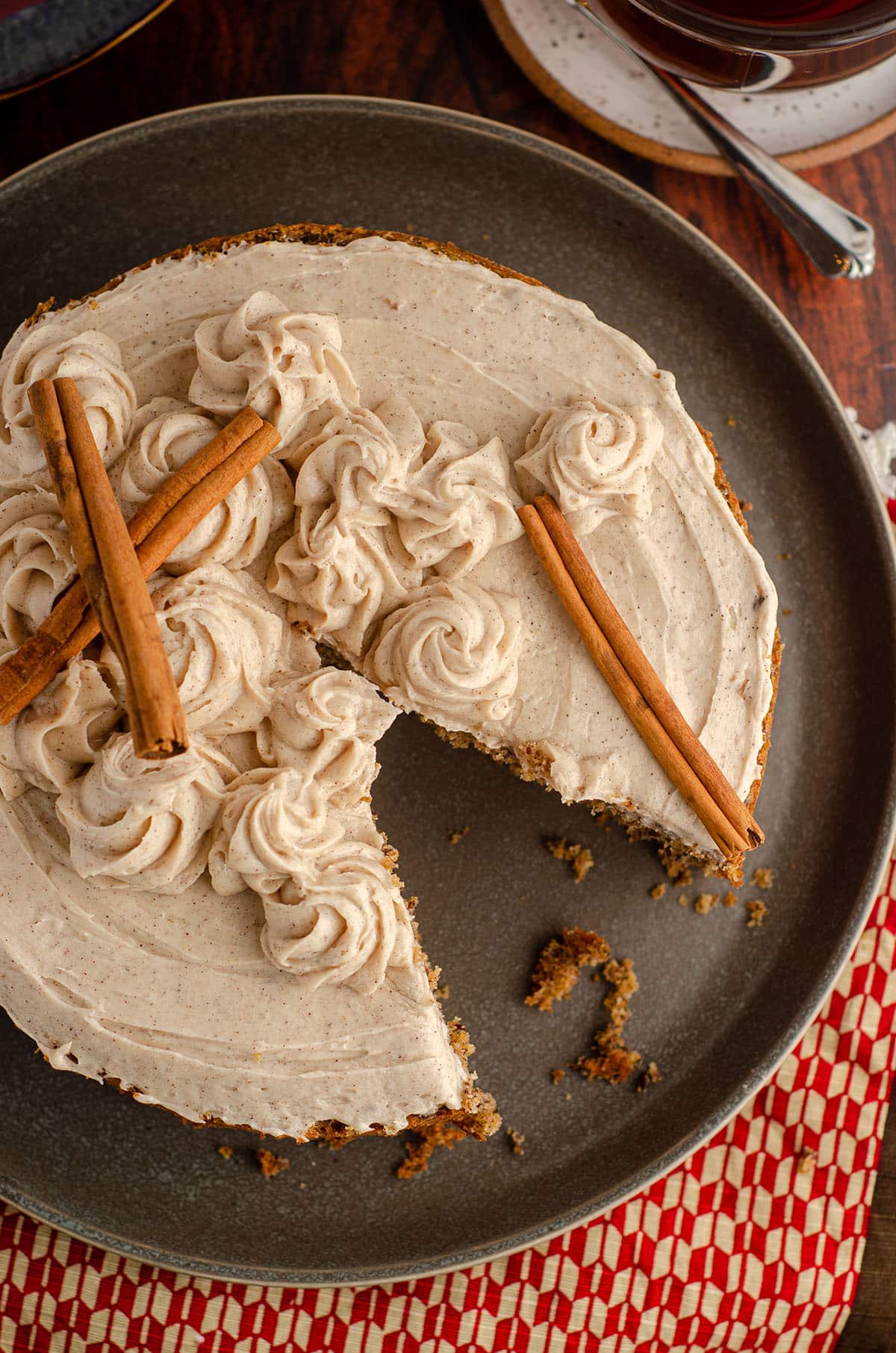 aerial view of chai cake with slice taken out of it