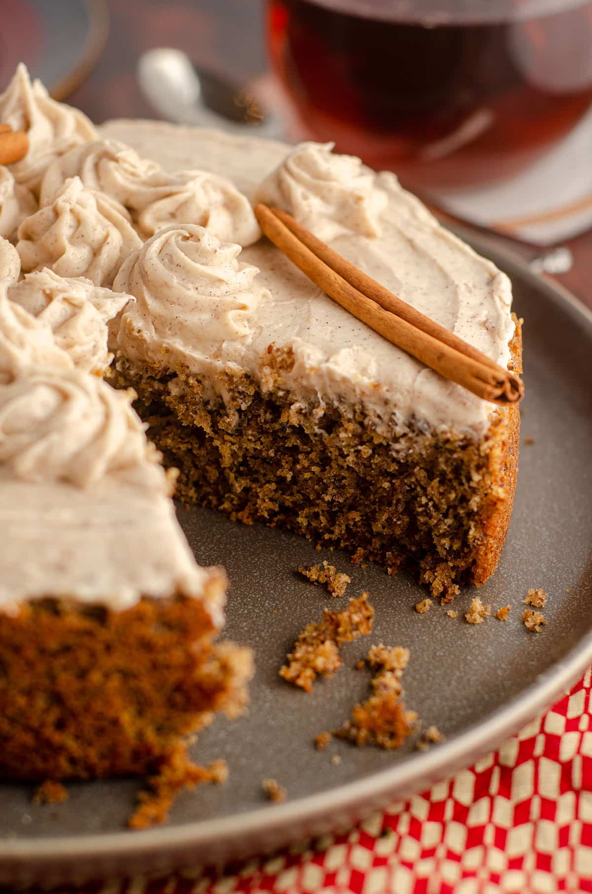 chai cake with slice taken out of it