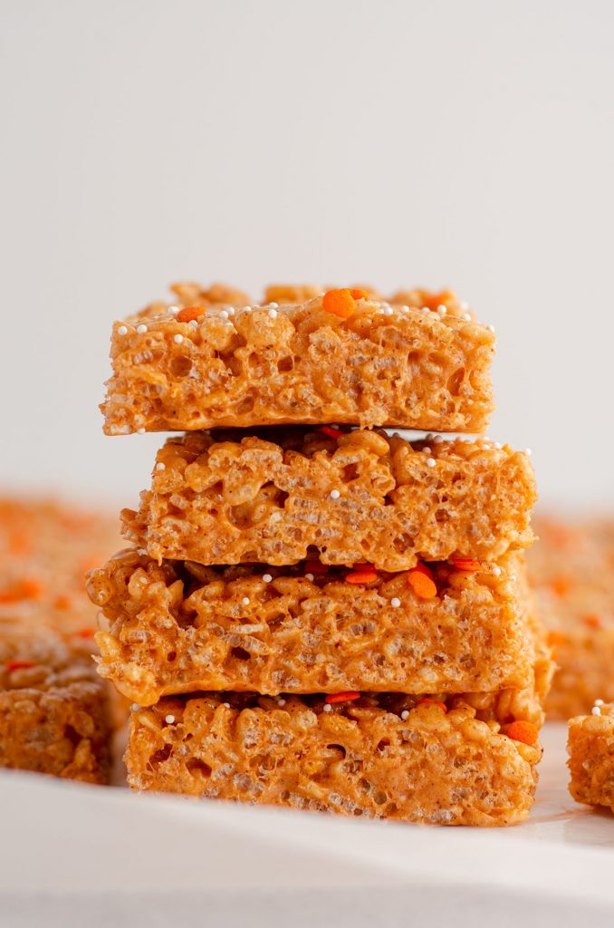 stack of pumpkin rice krispies treats