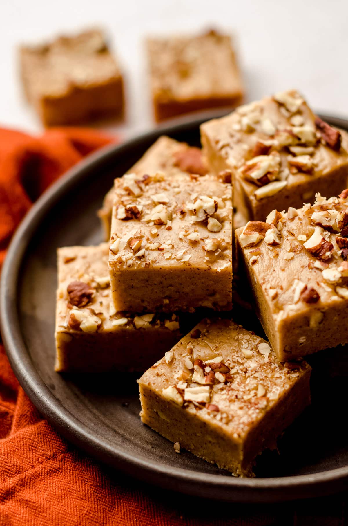 pumpkin fudge squares on a plate