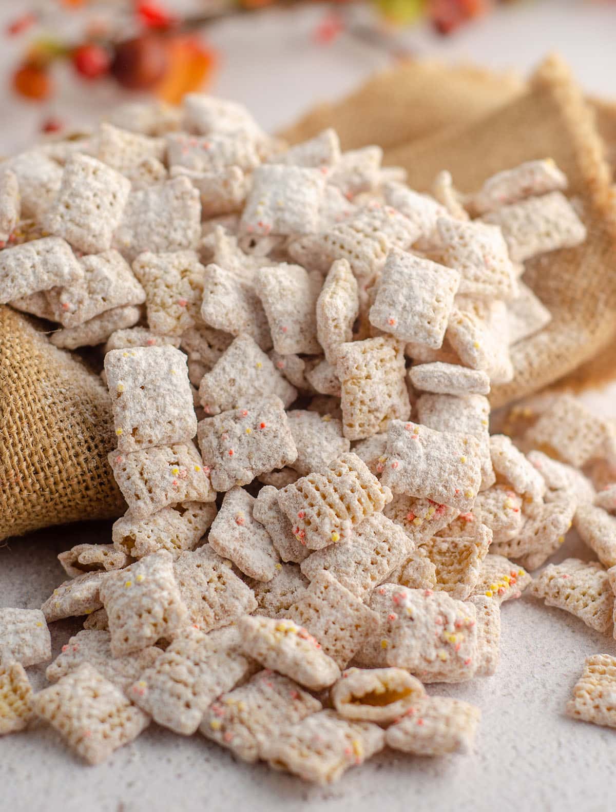 pumpkin spice puppy chow scattered on top of burlap