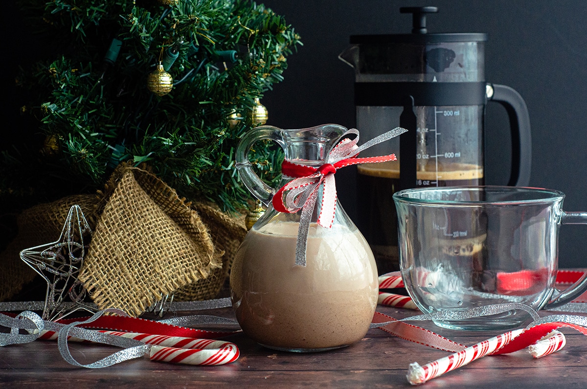 peppermint mocha coffee creamer in a pourer