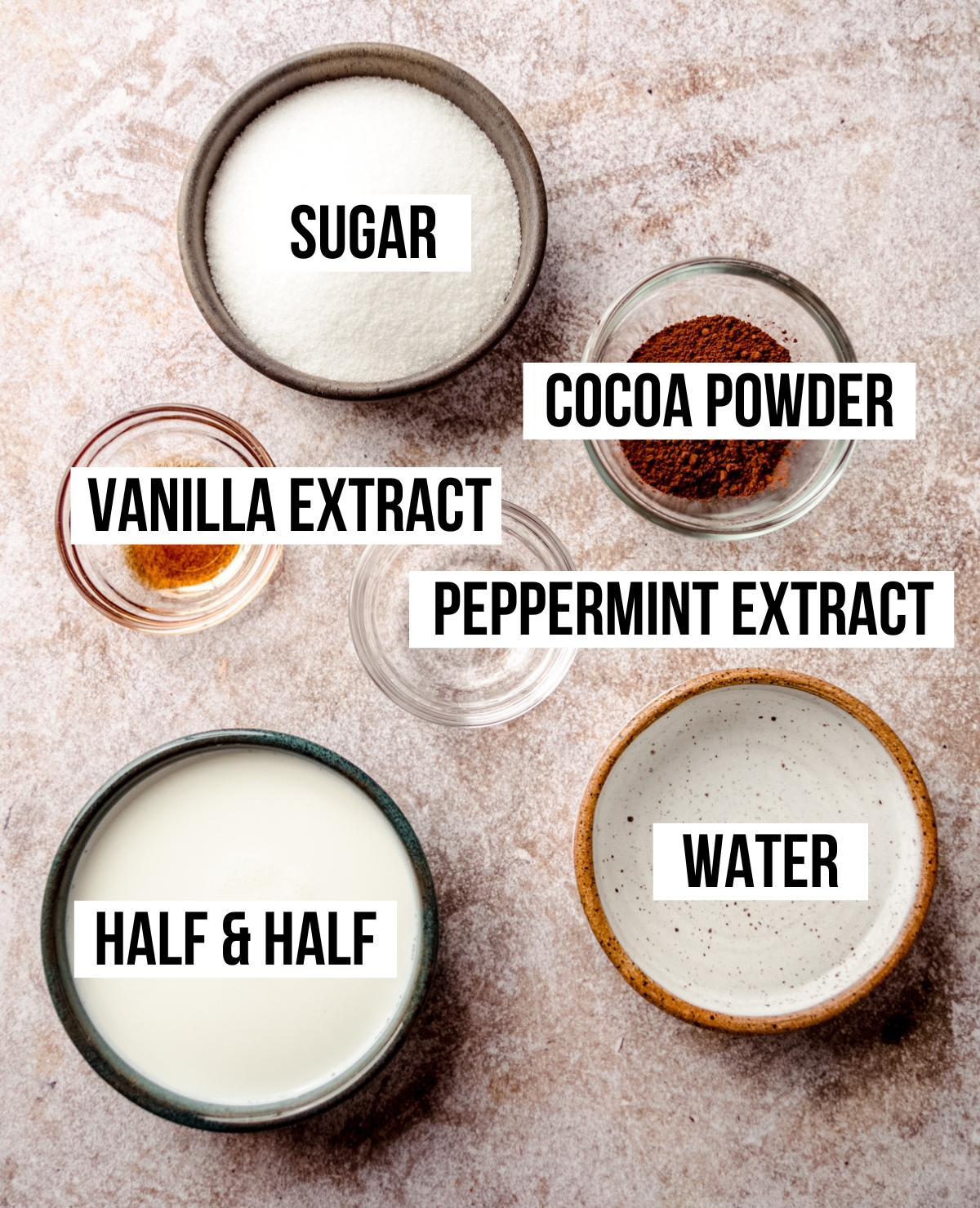 Aerial photo of ingredients to make homemade peppermint mocha coffee creamer with text overlay labeling each ingredient.