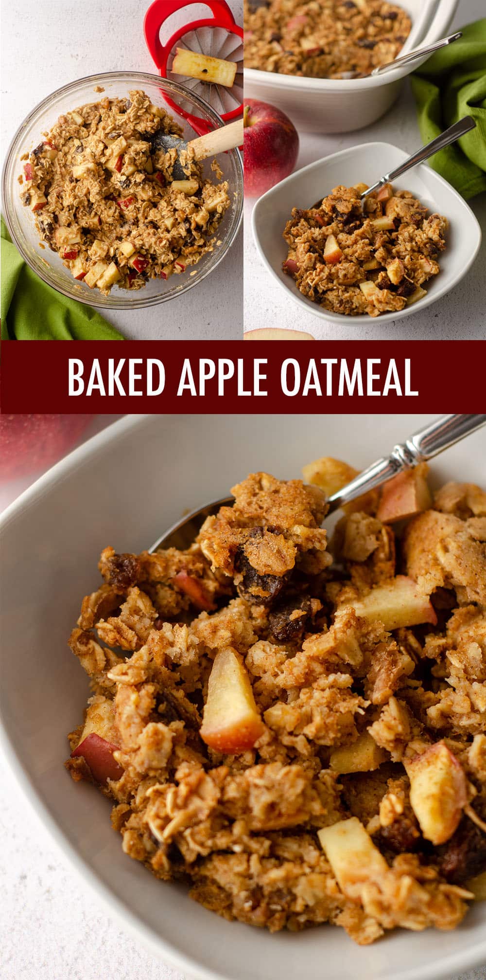 This baked apple oatmeal is quick, easy, customizable, and a total crowd pleaser. Serve it in a bowl with milk or cut it into squares for a grab-and-go breakfast. Instructions included for individual baked apple oatmeal cups. via @frshaprilflours