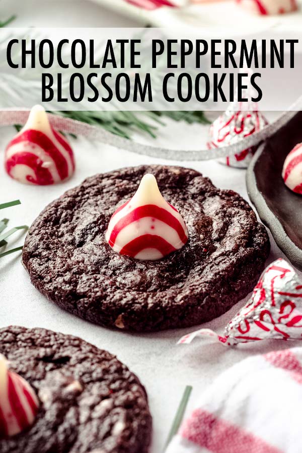 These chocolate peppermint cookies are soft & chewy and topped with a festive candy cane Hershey's Kiss. Perfect for Christmas! via @frshaprilflours