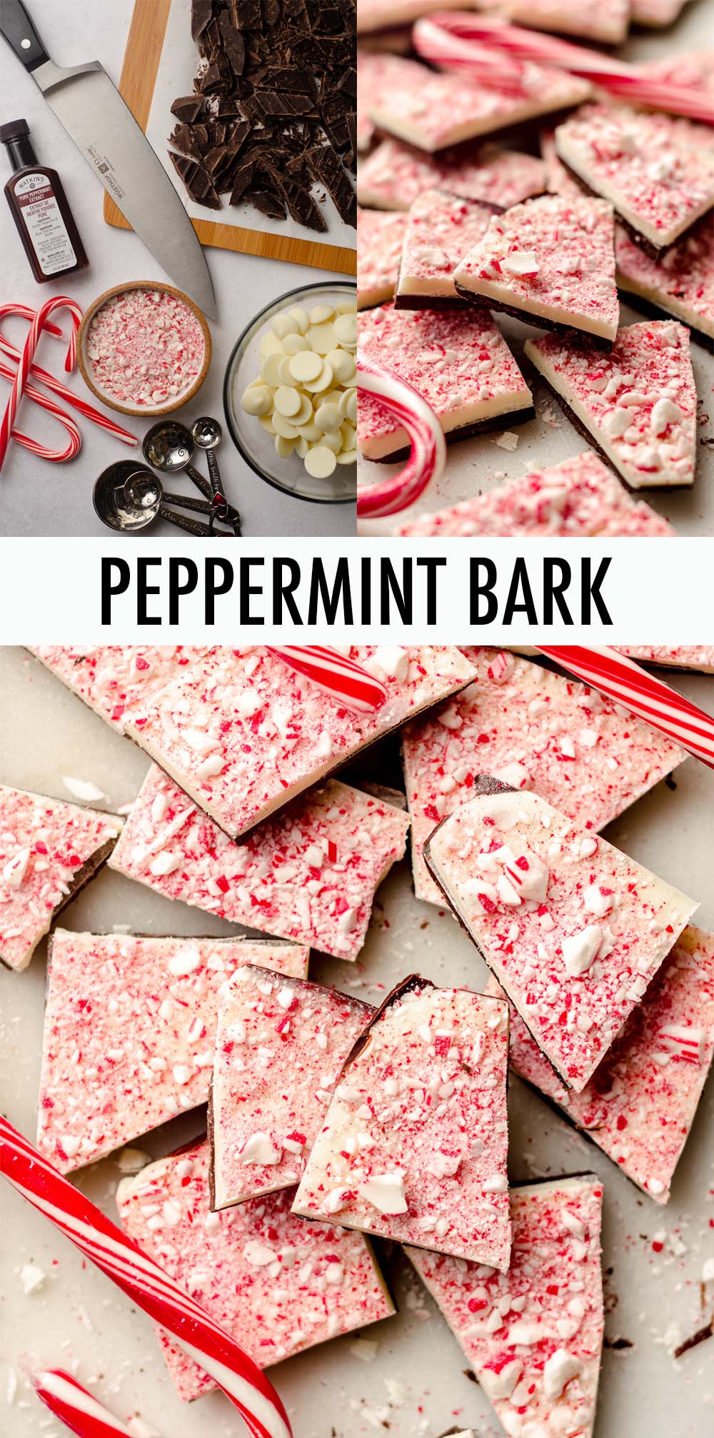 A simple layered holiday bark made with white and semi-sweet chocolates, flavored with peppermint, and garnished with crushed candy canes. via @frshaprilflours