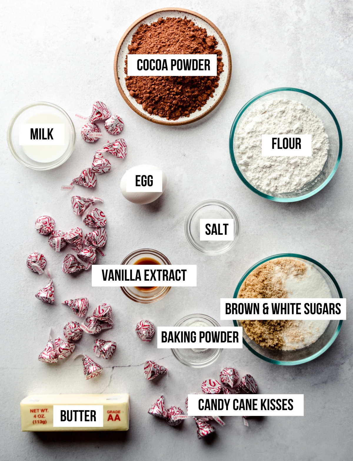 Aerial photo of ingredients for chocolate peppermint blossoms with text overlay.