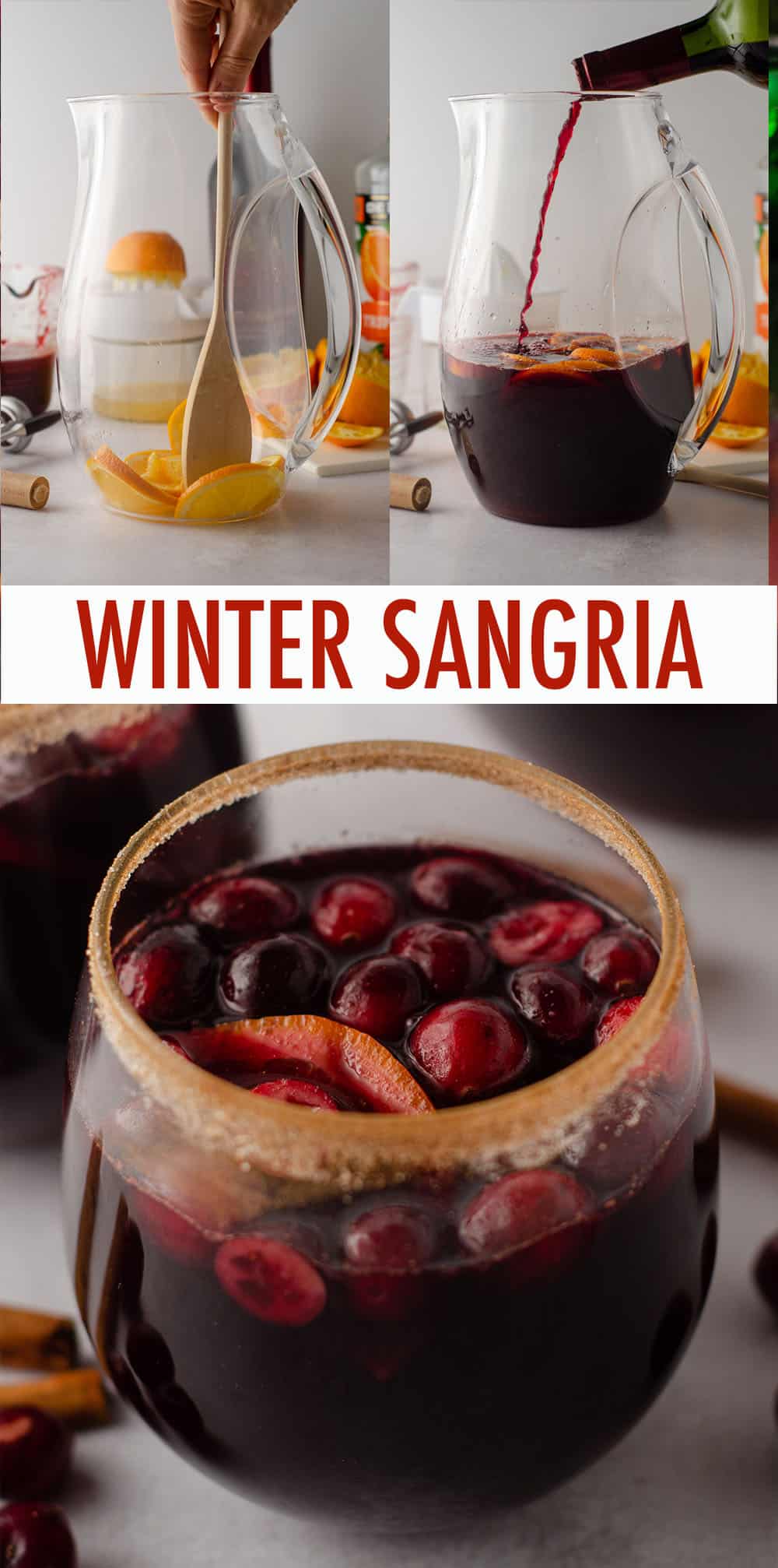 This spiced winter sangria is made with a mulled cranberry syrup, cinnamon and cloves, freshly squeezed orange juice, triple sec, and red wine. via @frshaprilflours