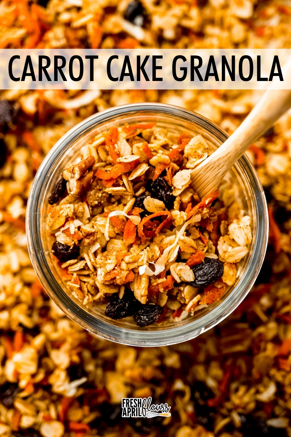 This soft and chewy carrot cake granola is spiced with cinnamon, allspice, and nutmeg and packed with toasted pecans, coconut, and raisins-- everything you love about a fully-loaded carrot cake in a bowl. via @frshaprilflours