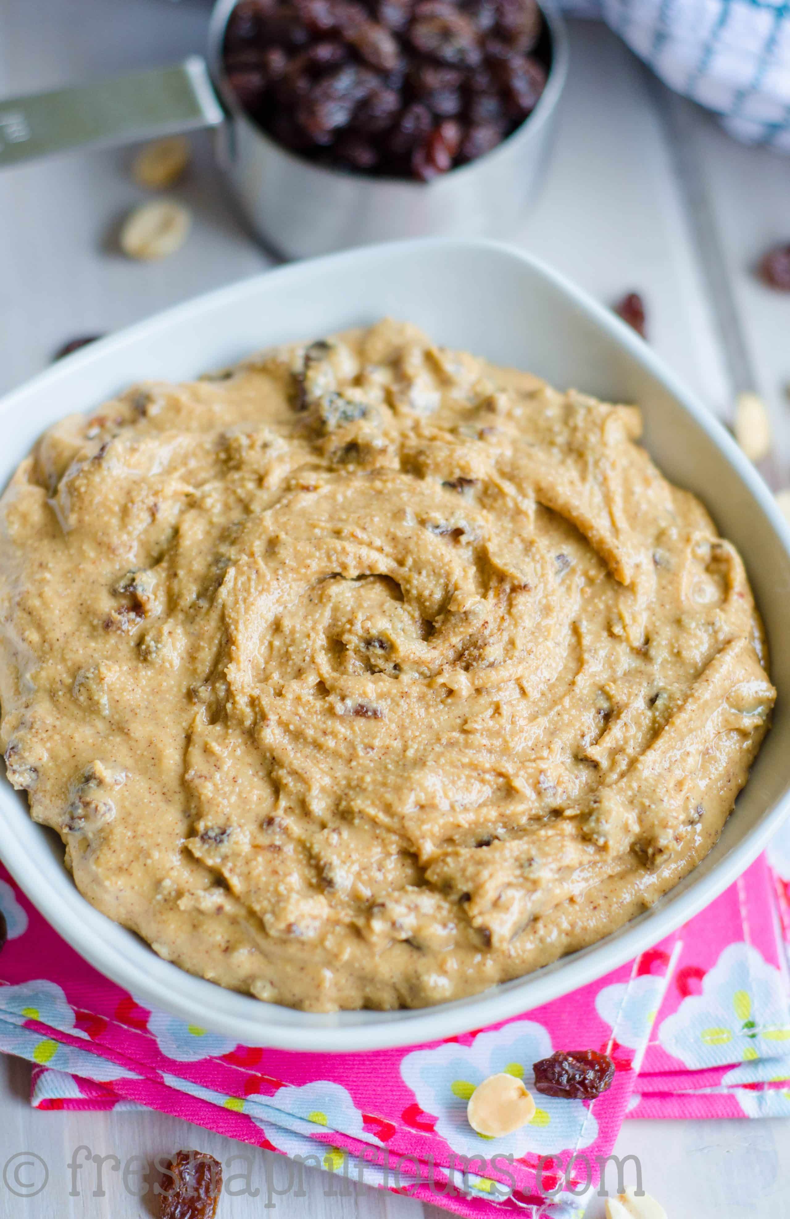 bowl of homemade cinnamon raisin peanut butter