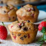 Skinny Strawberry Chocolate Chip Muffins: Chocolate chip muffins bursting with fresh strawberries. No oil, no butter, but no sacrifice of flavor!