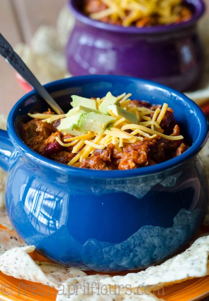 Buffalo Chicken Chili: A hearty, zesty blend of Mexican spices and shredded chicken kicked up a notch with a hefty dose of hot sauce.