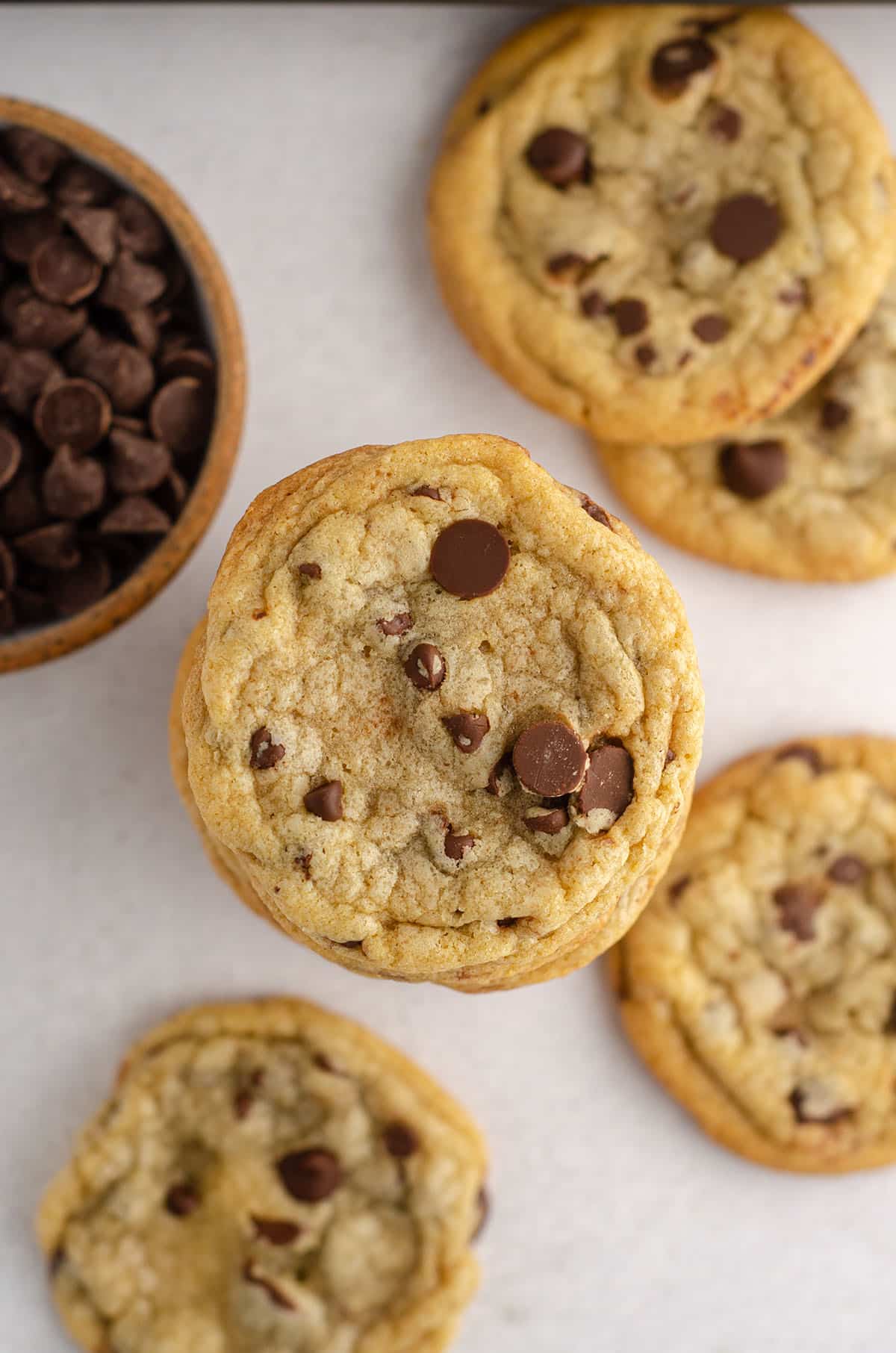 aerial photo of a gathering of chocolate chip cookies