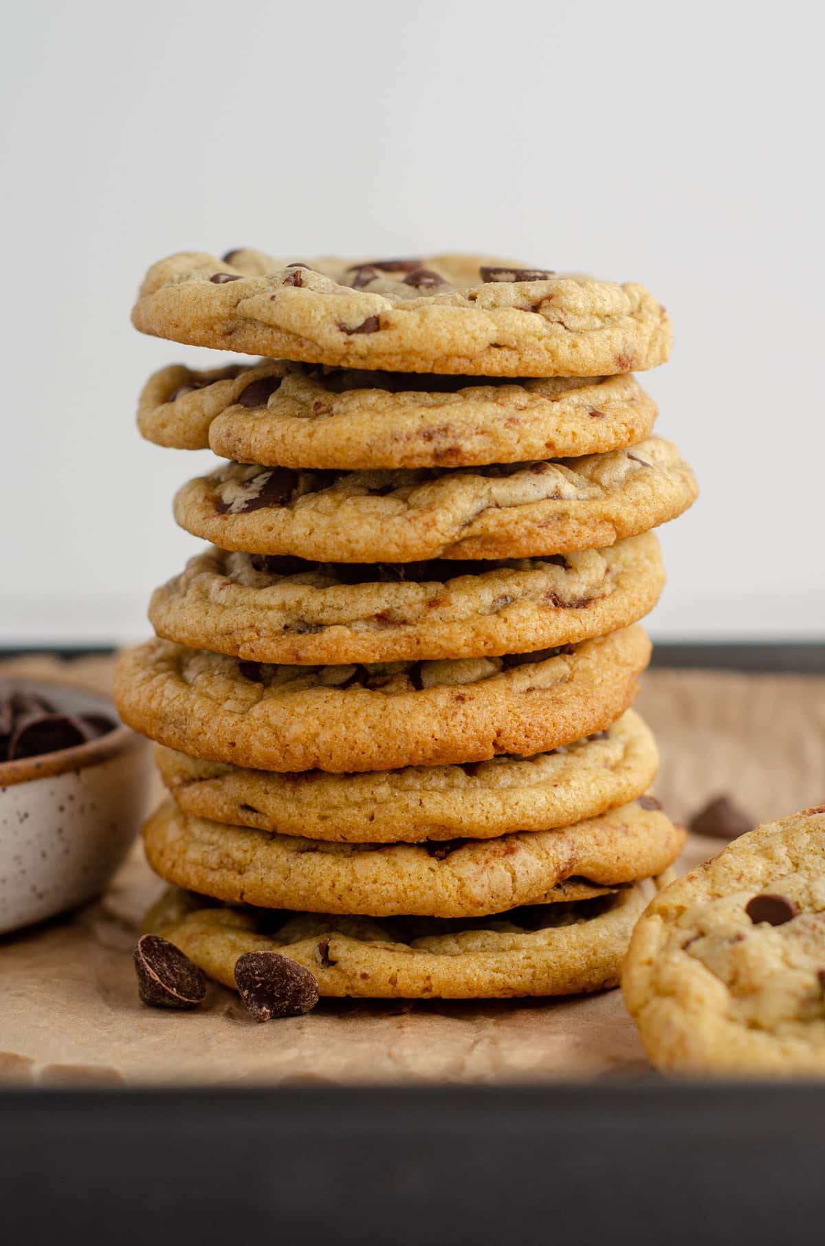 a stack of chocolate chip cookies