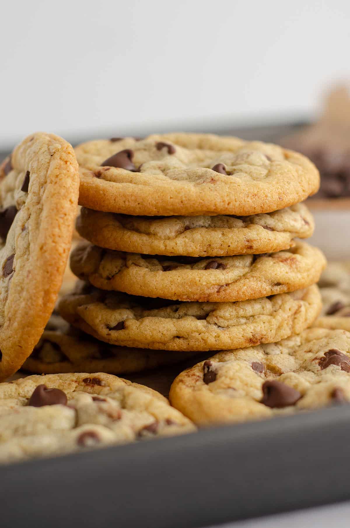 a stack of chocolate chip cookies