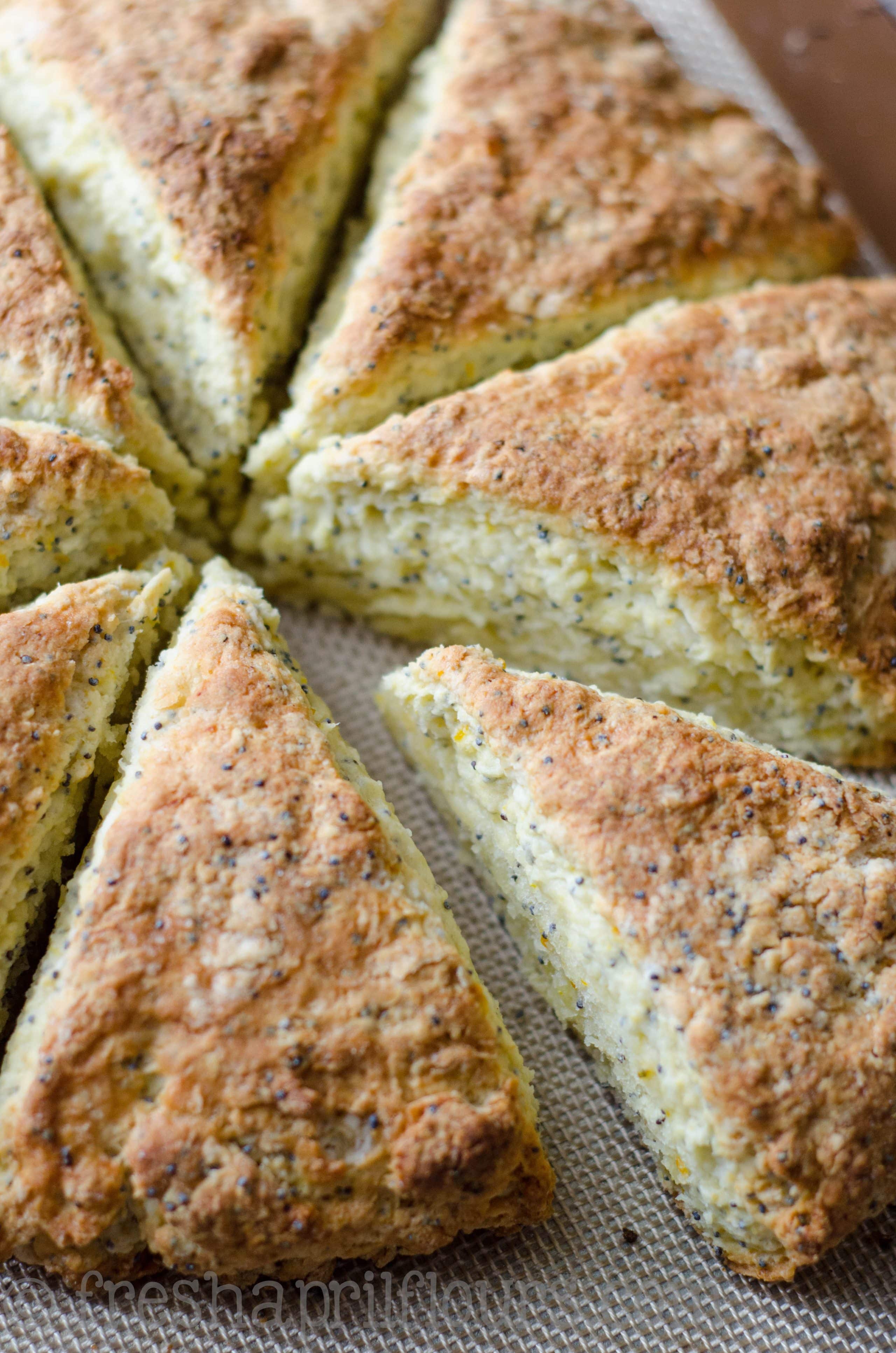 baked orange poppy seed scones on a baking sheet 