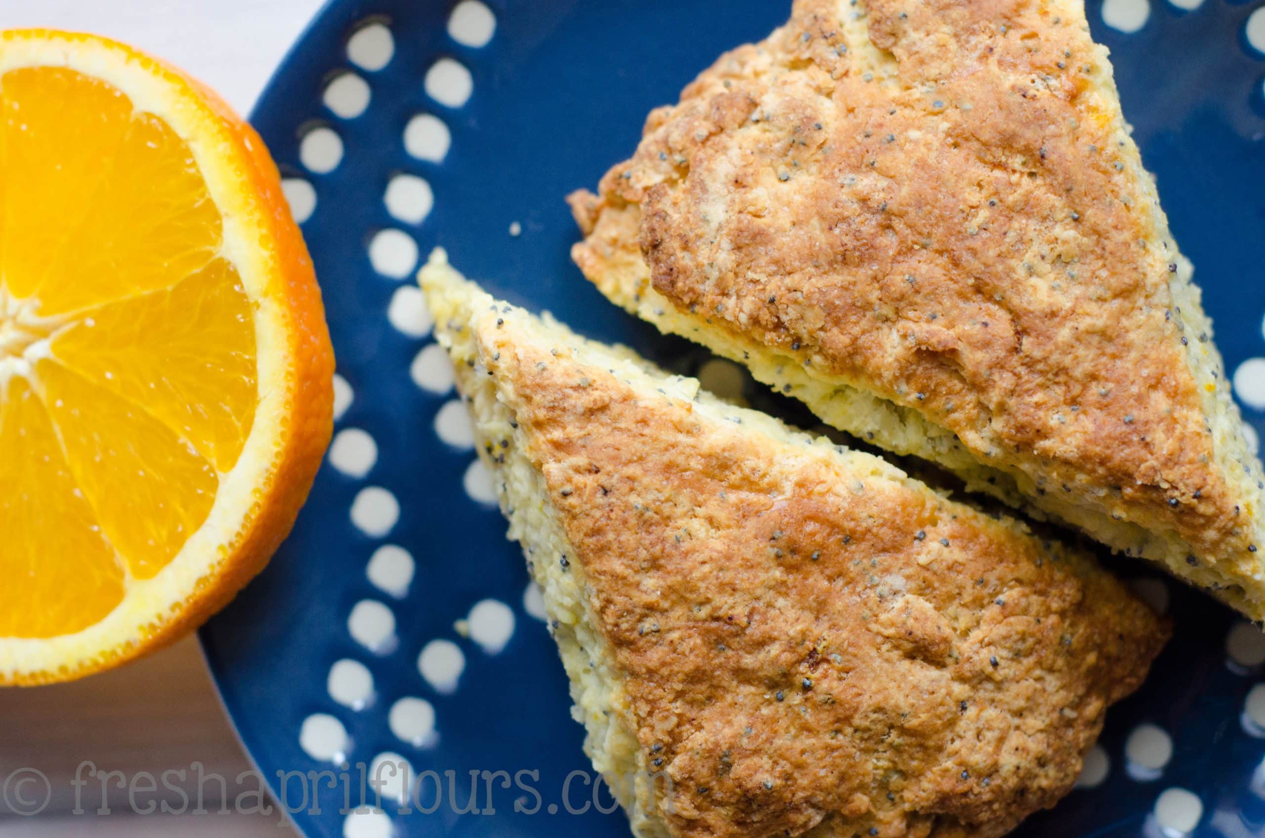 orange poppy seed scones on a plate with an orange slice
